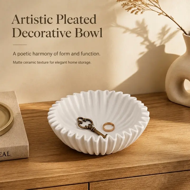 matte white pleated ceramic decorative bowl artistic fluted trinket dish key ring jewelry storage tray minimalist boho entryway table home decor Decoration Items
