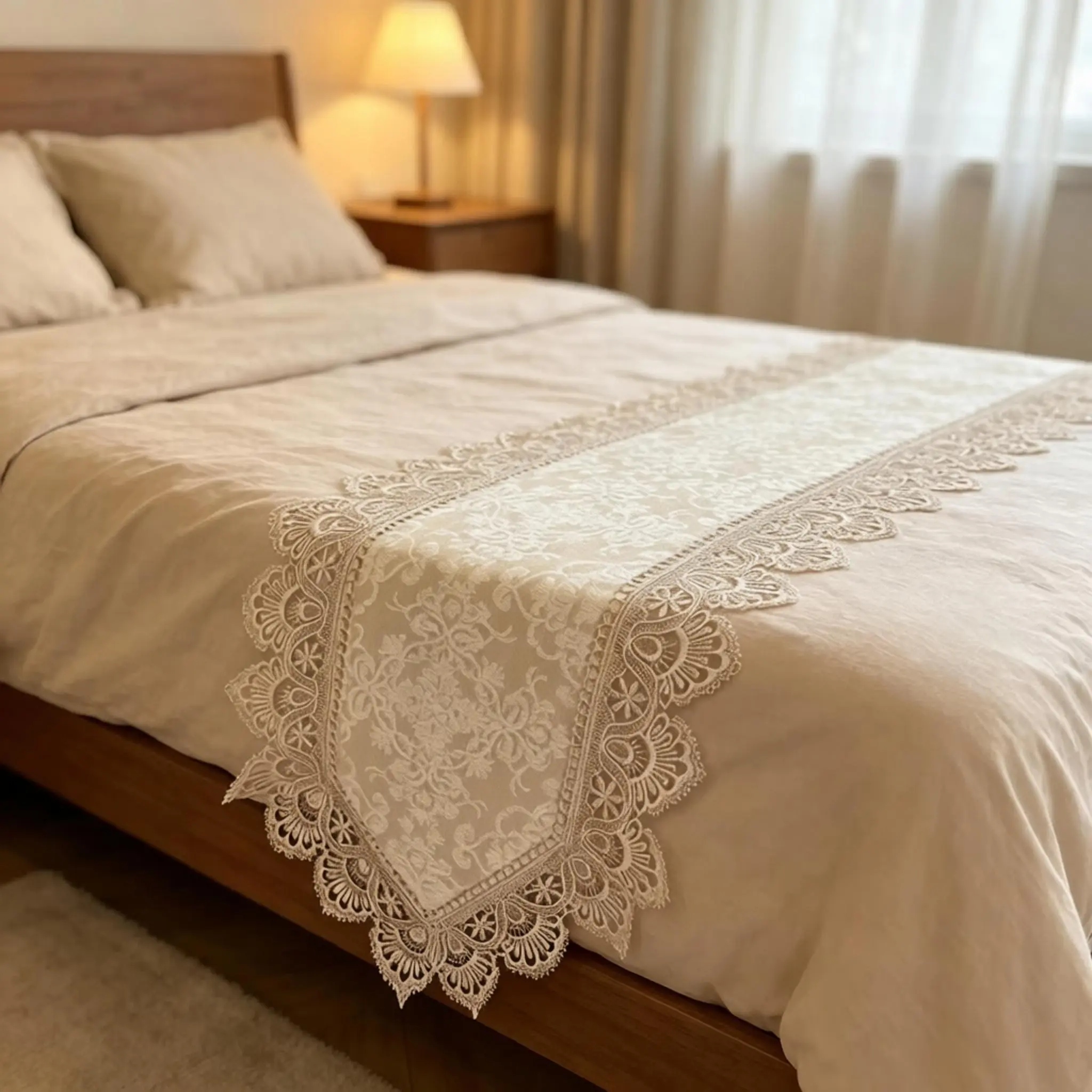 French Vintage Ivory Lace Table Runner, Embossed Floral Fabric Cutout Edge, Versatile Decorative Decor for Dining Table, Coffee Table, Entryway, Dressing Table