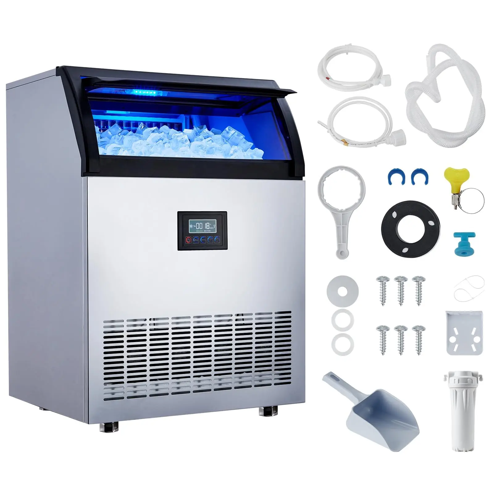 Commercial Ice Maker Machine, 200 LB/24 h, Freestanding Under Counter Ice Machine with 55 LB Storage Bin, Self-Cleaning & Thickness Adjustable for Bar Hotel Restaurant