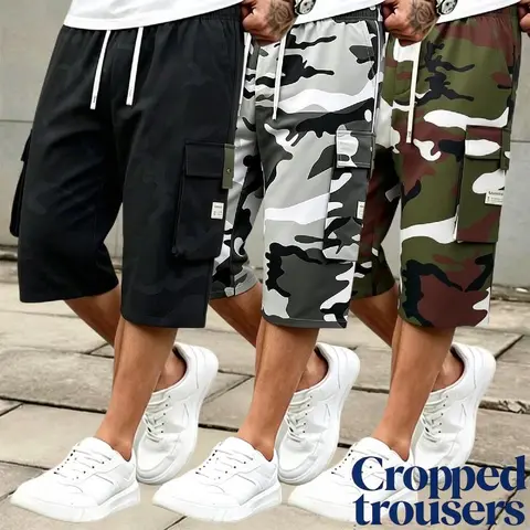 Men's 3-piece Camo Cargo seven-quarter trousers Capriers – Multi-Pocket Design, Drawstring Waistband, Casual Streetwear Shorts, Perfect for Everyday Wear & Urban Styling SpringStatements,sohochic
