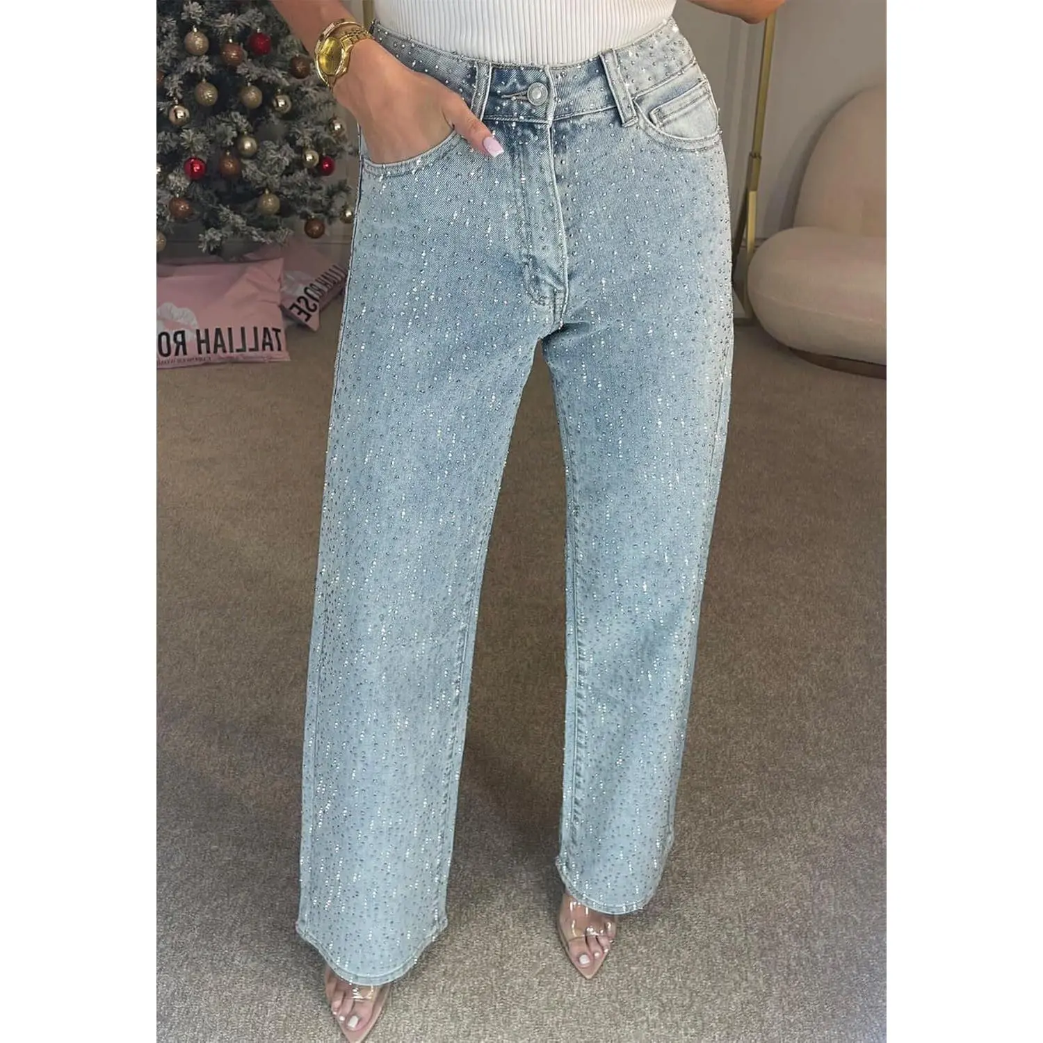 Women's Rhinestone Jeans Baggy High Waisted Y2k Straight Wide Leg Sparkly Glitter Bling Denim Pants Trousers