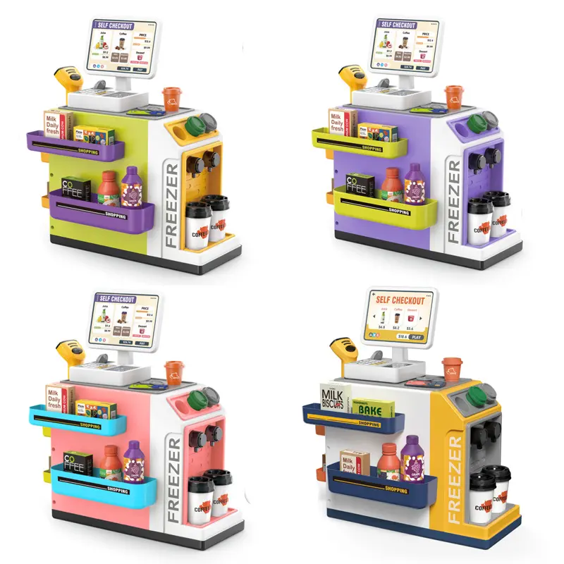 46 Piece Cash Register Toy Set with Calculator, Scanner, Credit Card, Coffee Machine, Light & Sound Effects, Perfect Gift for Kids Aged 3+