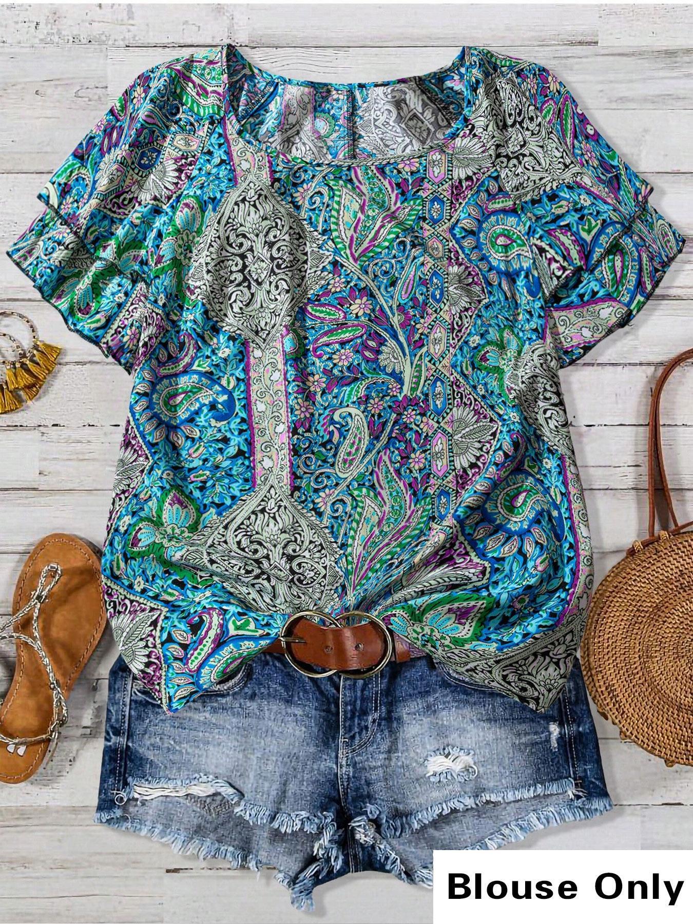 【Plus Size】 Paisley Print Blouse, Boho Casual Short Sleeve Top for Daily Holiday Vacation Wear, Women Plus Clothing for Summer