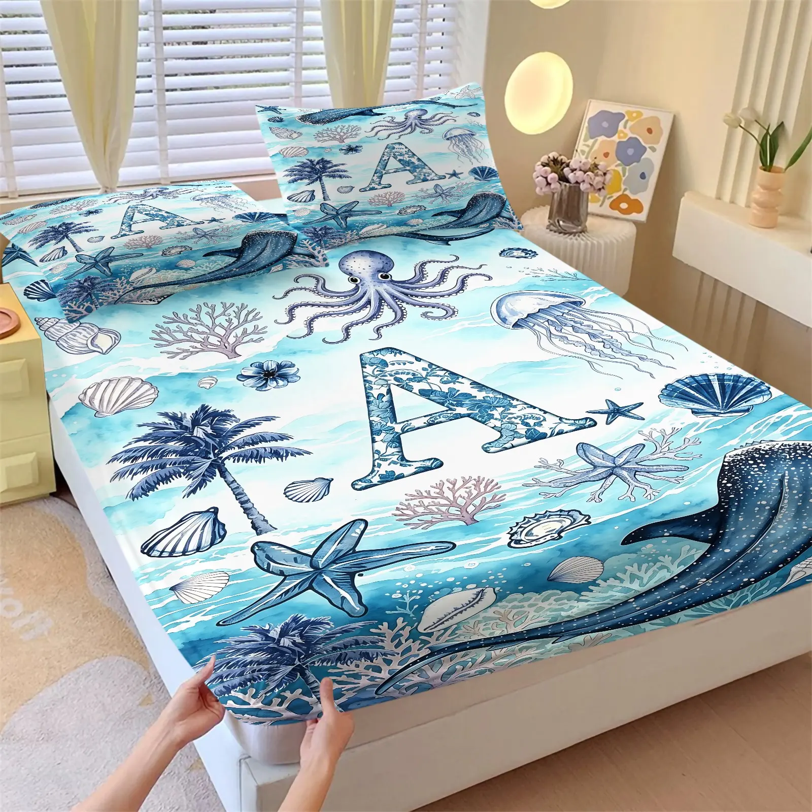 Marine Life Letter A-Z Print Fitted Sheet Set, 1 Fitted Sheet & 2 Pillowcase Bedding Set, Whale Octopus Bed Sheets Set No Filling, Soft Bed Linen for Kids Teens Bedroom Beach House Decor
