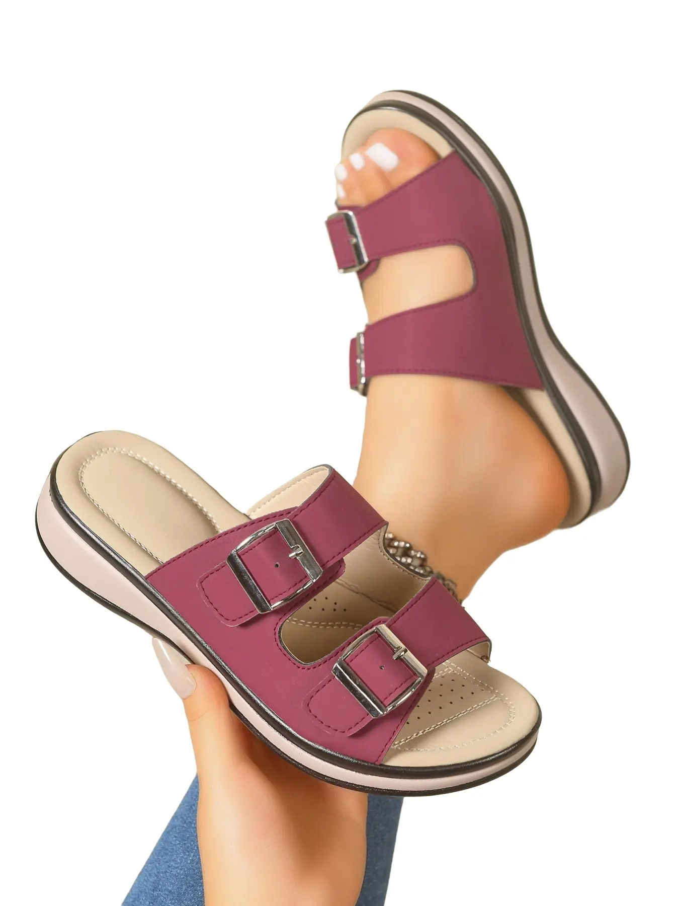 2026 New Dual Buckle Thick Sole Wedge Sandals for Women, Outdoor Casual Lightweight Flip Flops, Comfortable and Stylish Footwear, Double Buckle Platform