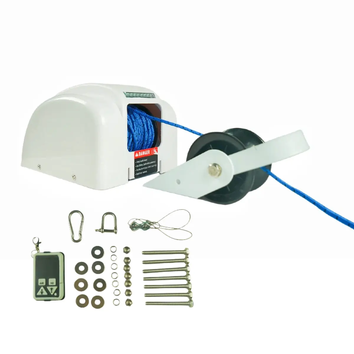 12V Compact White Steel Electric Anchor Winch Hoist Unit, 45 lbs Max Load, 9.85x8.46x6.7 in Size, 100ft Nylon Rope, Wireless Remote, Auto Reset Breaker, Corrosion-Resistant Marine Windlass for Under 24ft Small Boats Fishing Speedboats (Anchoring Tool)