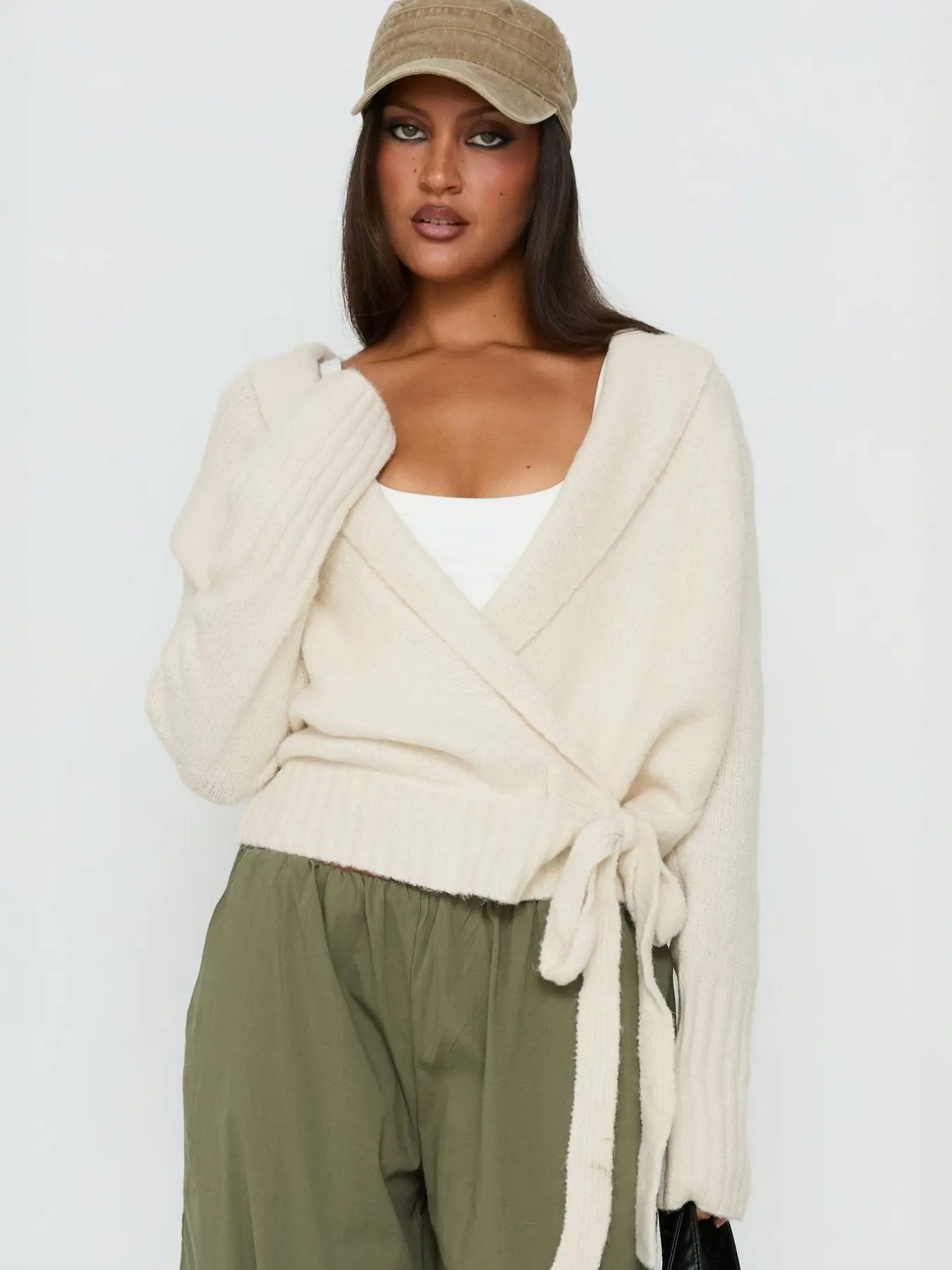 Women's Solid Color Cross V Neck Wrap Tie Knit Sweater, Fall Winter Loose Fit Waist Cinch Long Sleeve Top, Casual Comfortable Clothing