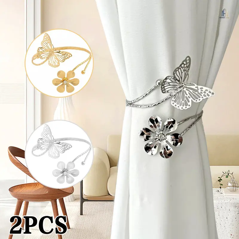 2 Pack Metal Butterfly Floral Curtain Tiebacks, Adjustable No Drill Curtain Holdbacks, Decorative Window Fasteners for Living Room Bedroom Office, Butterfly Themed Home Decor Accessory