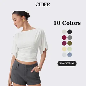 Cider Modal-blend Boat Neck Short Sleeve Cut Out Ruched Top