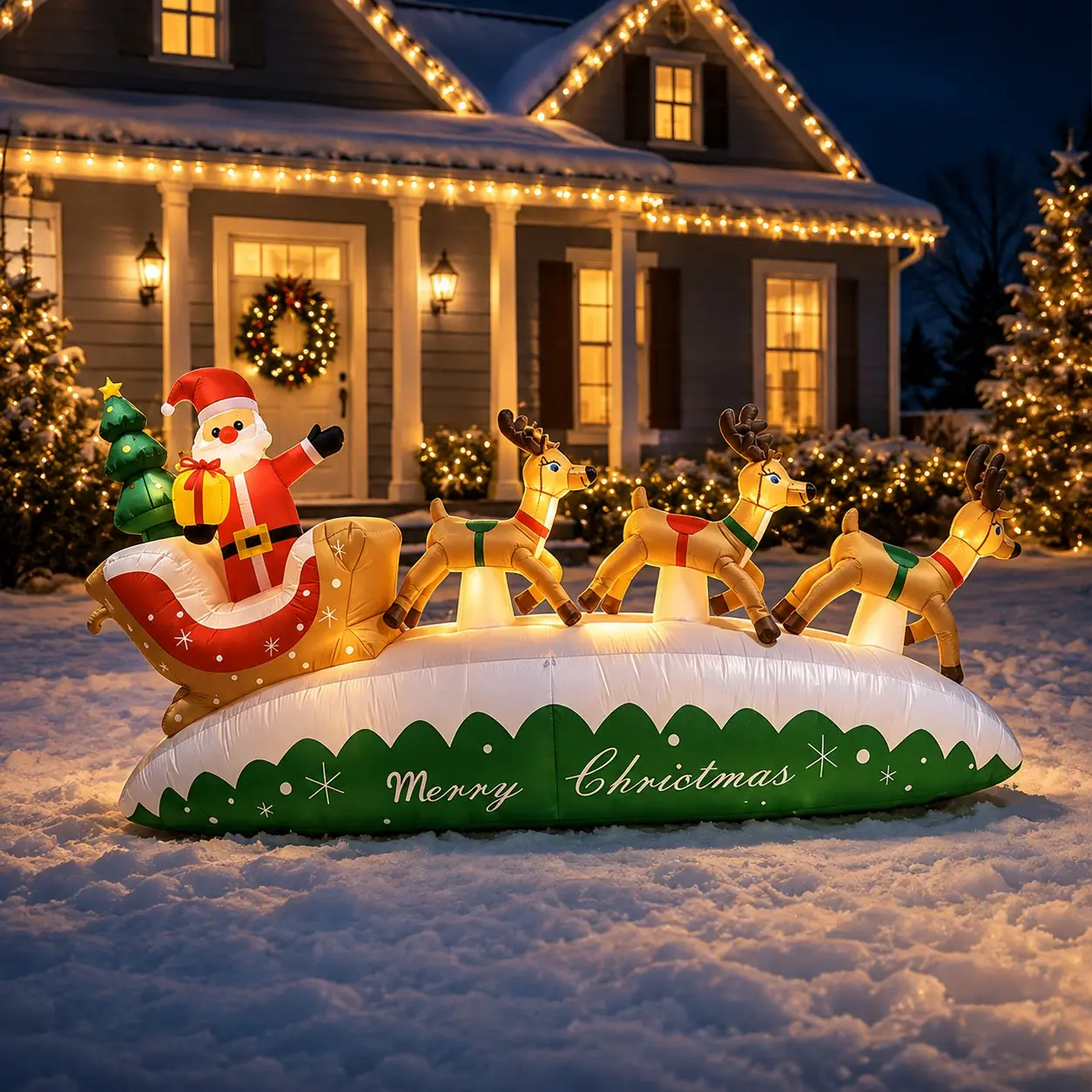 Christmas Outdoor Inflatable Decoration, Santa Claus Sleigh Reindeer with Lights, Large Festive Yard Lawn Porch Decor, New Year Balloon Ornament