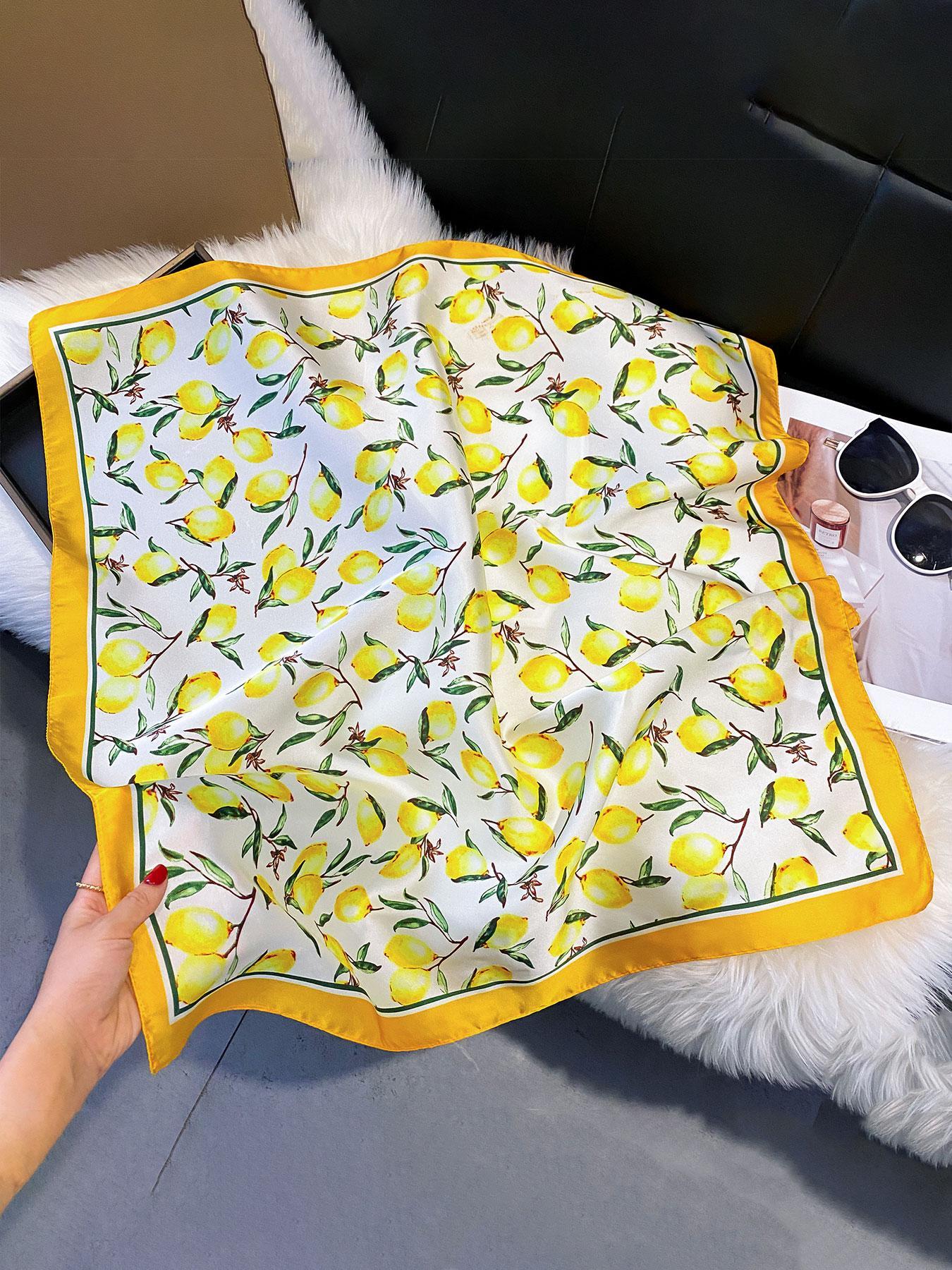 Lemon Print Square Scarf, Floral Print Scarf, Fashionable Soft Satin Scarf for Women & Girls, Casual Versatile Scarf for Beach and Daily Use