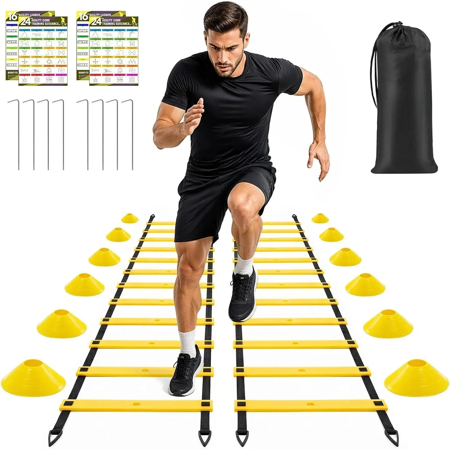 2 Pack 20ft Agility Ladder Set, 40ft  Adjustable Speed Ladder with 12 Cones, 8 Stakes, 1 Carry Bag - Parallel Footwork Drills Gear for Football Soccer Basketball  Equipment