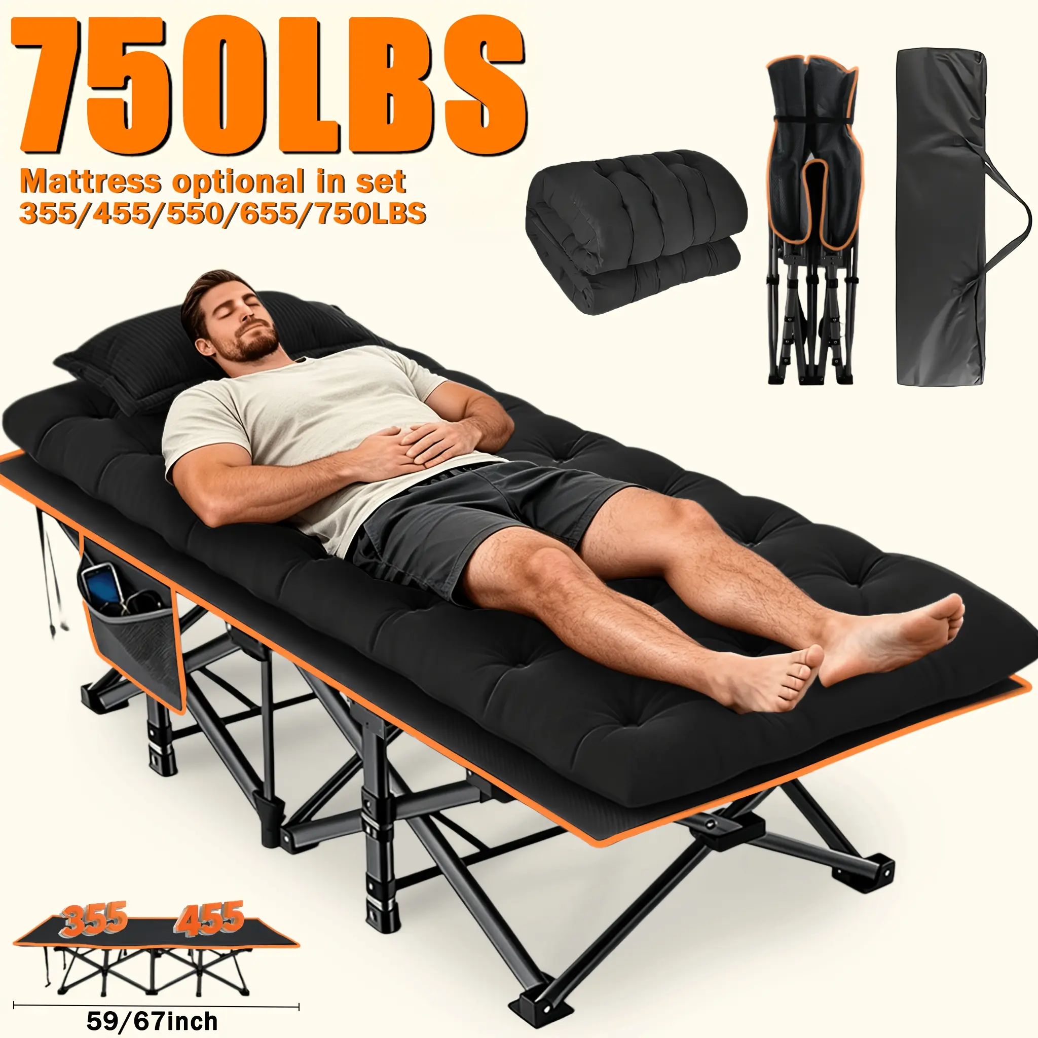 67/75 Inch Extra Large Thickened Folding Bed with Mattress, Portable Camping Cot Guest Bed, 750/655/550/455/355 Lbs Weight Capacity, Foldable Bed Suitable for Adults Travel Home Use