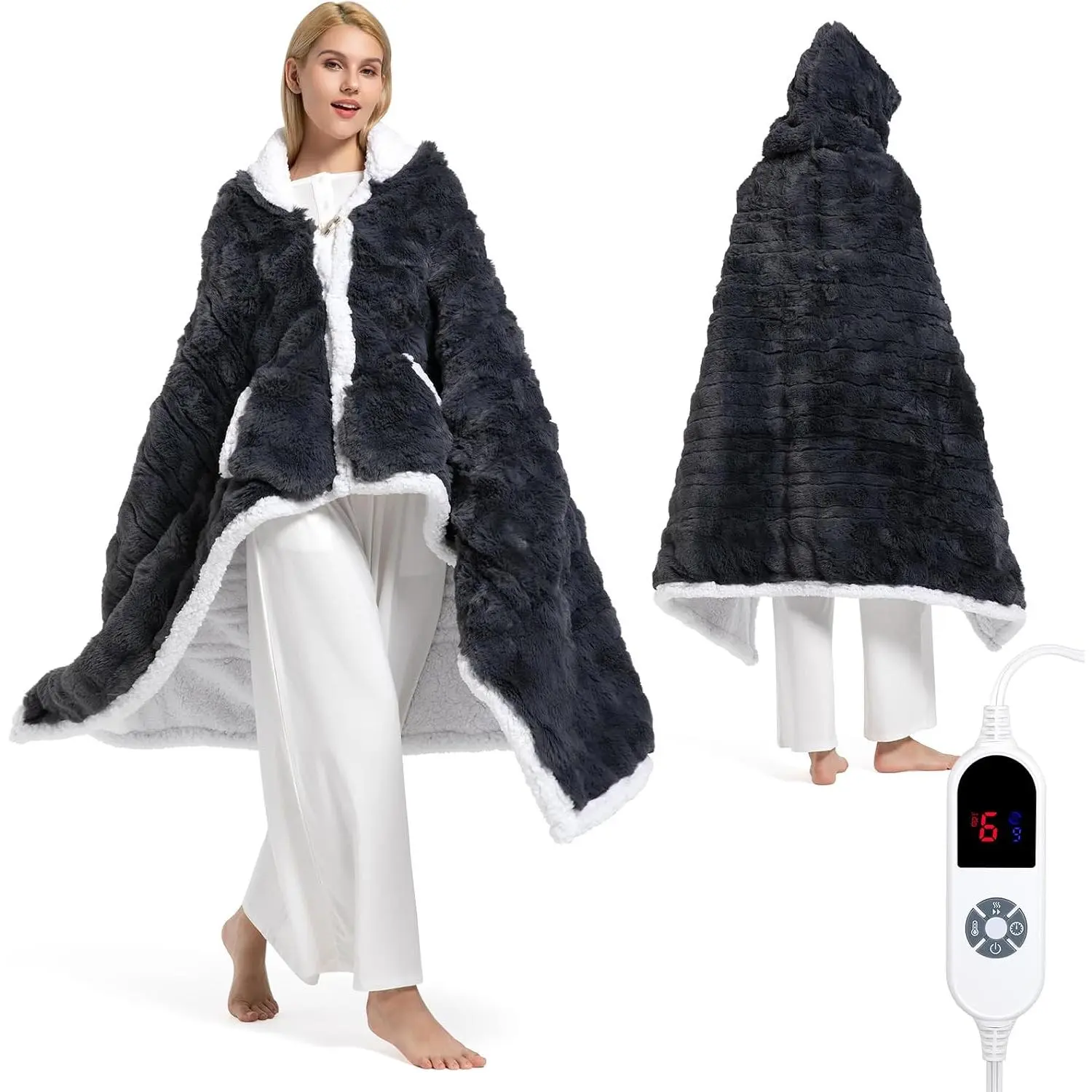 Wearable Heated Blanket Hoodie, Luxury Faux  & Sherpa Electric Throw Blanket, Heated Shawl Wraps Poncho with Pockets for Women Men, 3 Heat Levels & 12H Timer, ETL & FCC Certified, 40"x70",Dark Grey
