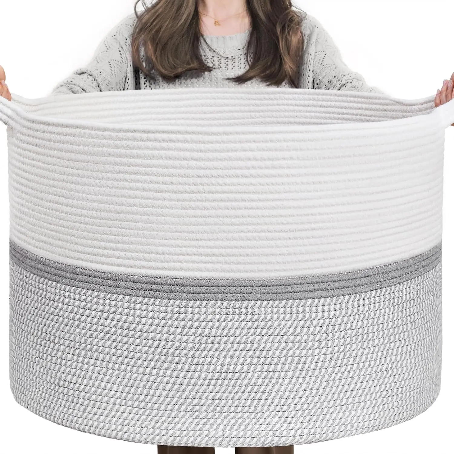 85L Large Blanket Basket for Living Room, Woven Storage Baskets for Laundry Pillows Toys, Decorative Cotton Rope Basket with Handles for Bedroom Nursery, 22" x 22" x 14", Gray