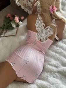 Women's Sleepwear Lingerie with Lace Trim, Bow Print, Cute Stripes, Comfortable One-Piece Pajamas, Casual Lounge Wear for Women