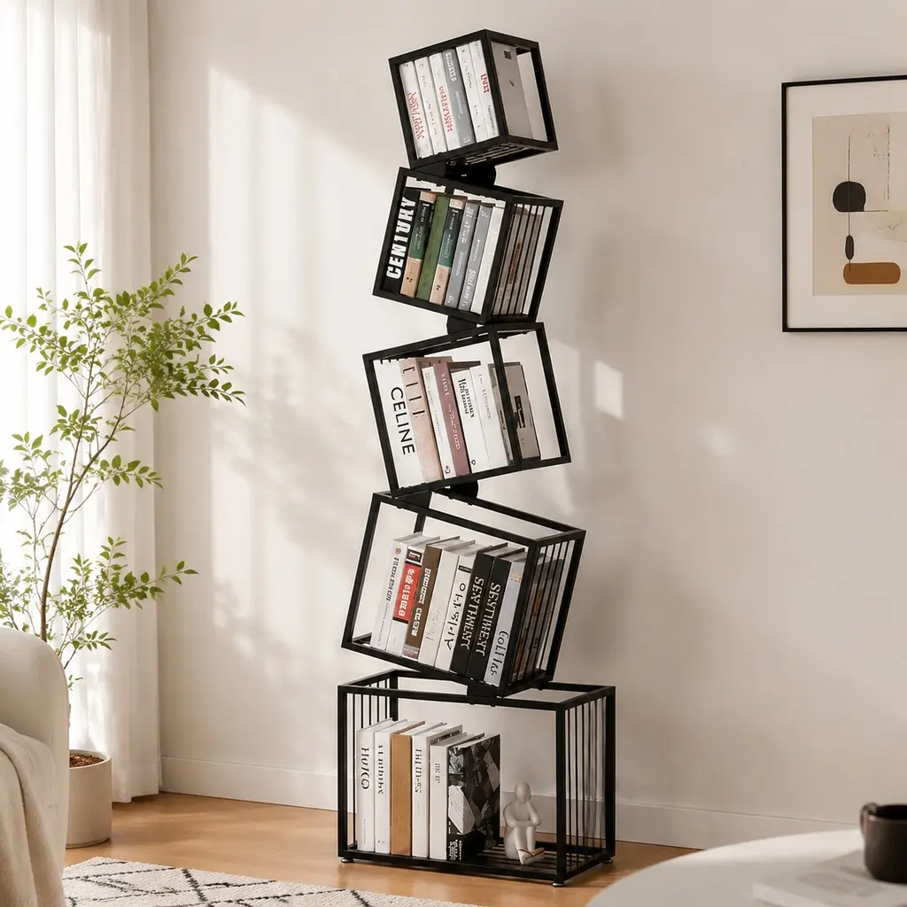 ARCH 5-Tier Metal Geometric Bookshelf - Modern Narrow 66.9in Tall Black Iron Open Bookcase, Space-Saving Iron/MDF Indoor Furniture Organizer for Living Room, Bedroom, with Anti-Tip Kit, Shelves, Books