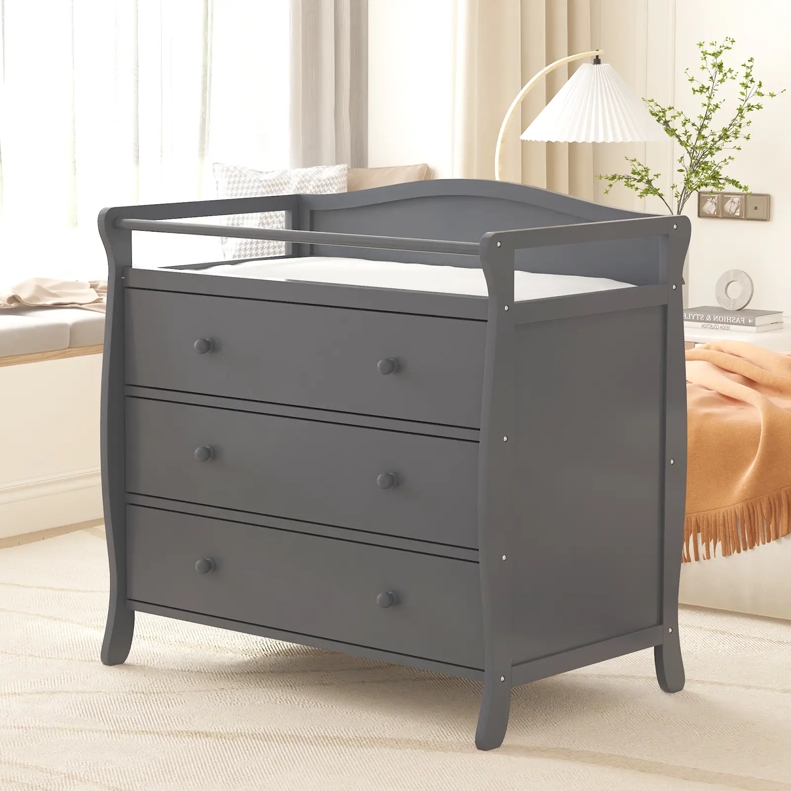 Modern Wooden Baby Changing Table with 3 Spacious Drawers - Secure Rails & Safety Belt - Grey Versatile Nursery Dresser for Bedroom or Nursery - Sturdy Sleigh Design and Easy Assembly