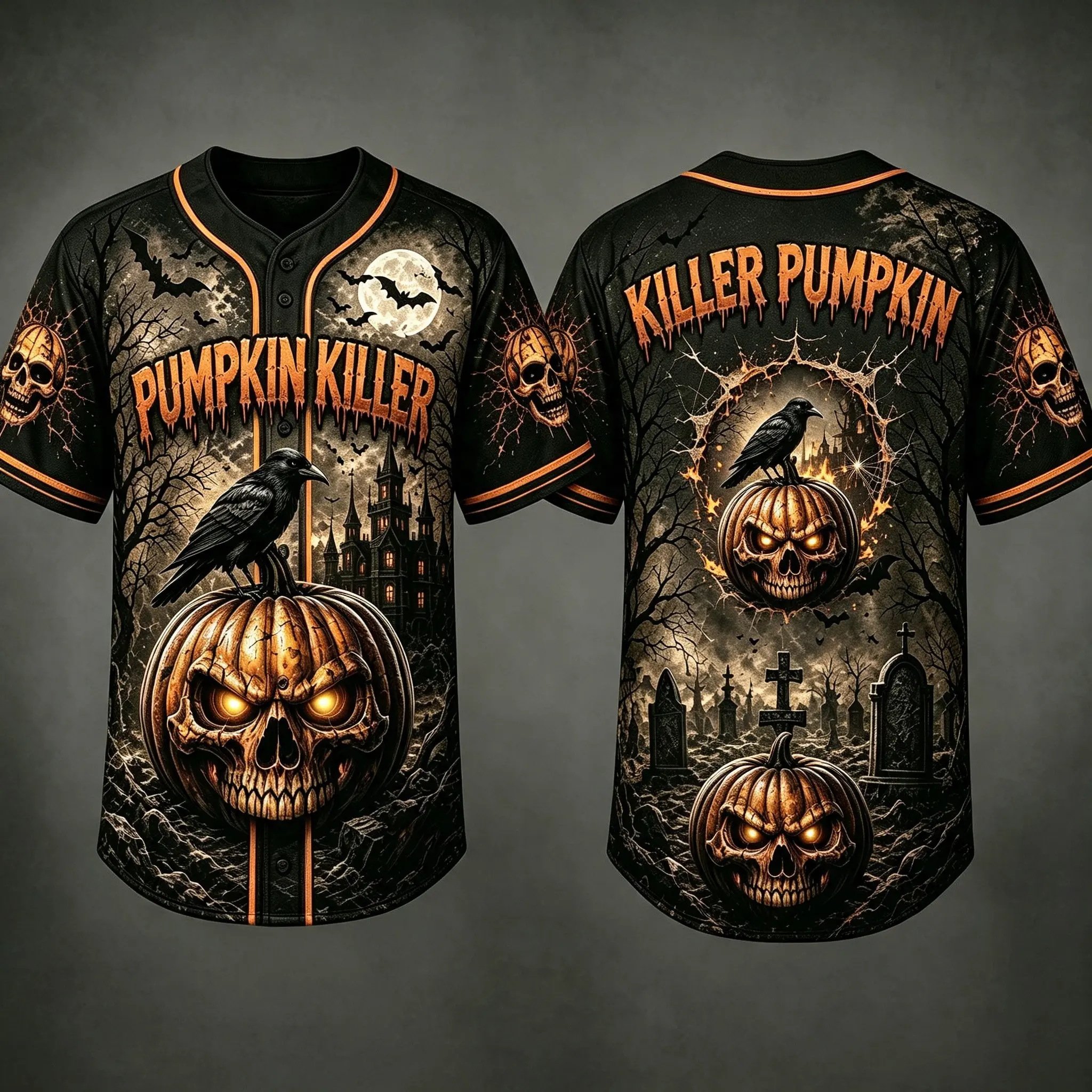 Male Regular Fit Halloween Baseball Jersey - Black & Orange, Pumpkin Killer Skull Crow Graveyard Print, Multi-Size Casual Sports Wear Party Costume Top