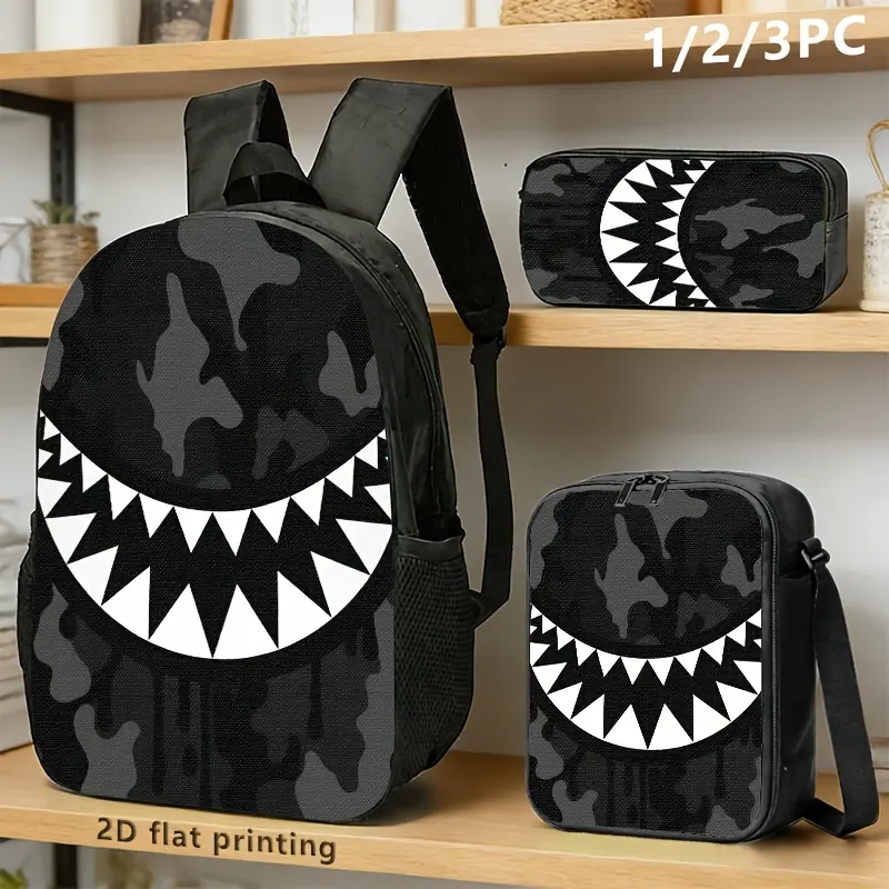 Shark Mouth Camo 3PCS Backpack Set, Durable 600D Oxford Cloth School Bag with Lunch Box & Pencil Case Combo, Adjustable Breathable Strap, Fits 15in Laptop for Kids Teens School Travel Outdoor
