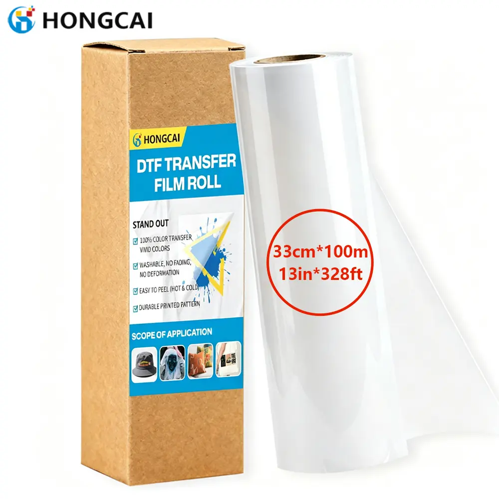 HONGCAI DTF Transfer Film Roll 13 inch x 328 ft Double Sided PET Hot Peel | Double sided PET film for DTF printers, ideal for custom T shirts, hoodies, tote bags, cotton, polyester, denim and more