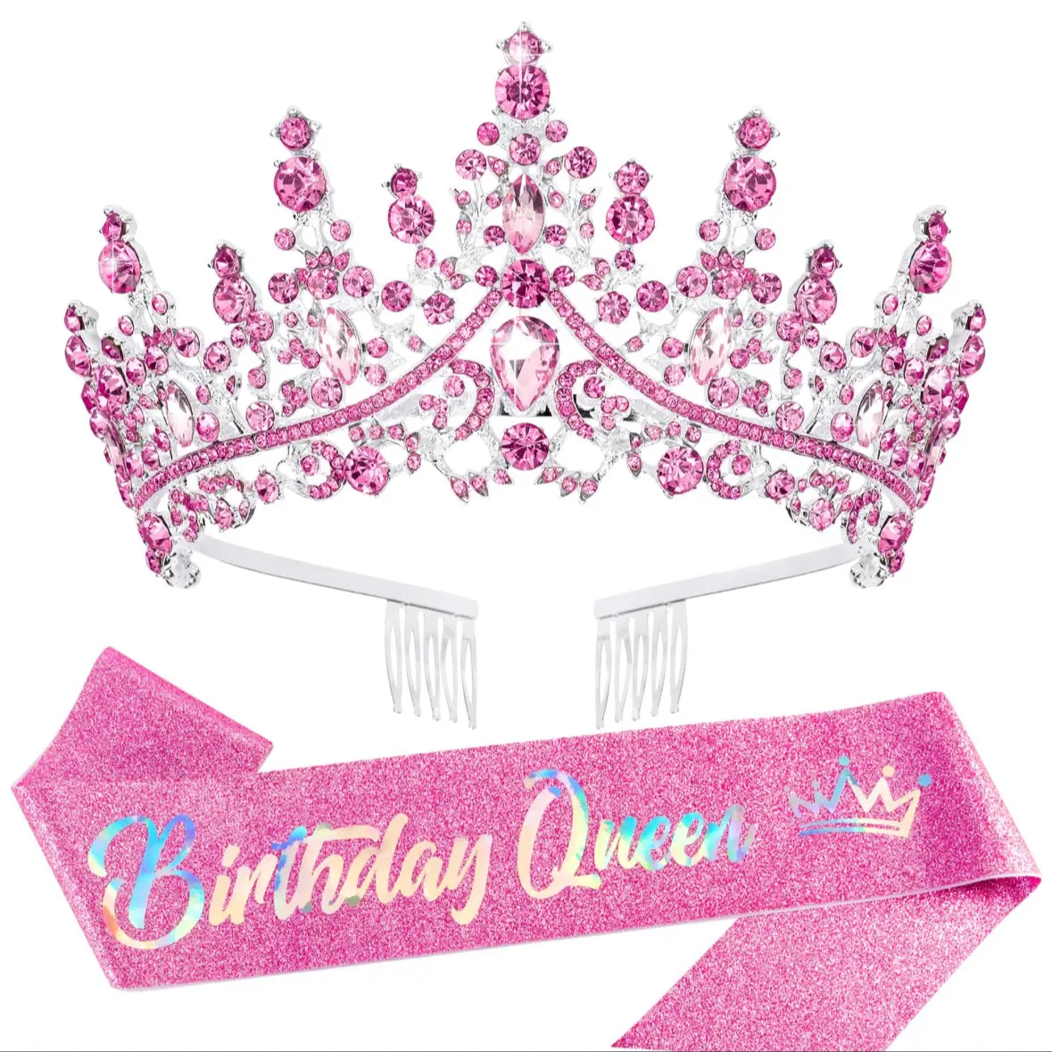 Pink Birthday Queen Sash and Tiara Set for Women Crystal Rhinestone Crown Pink Glitter Birthday Sash Princess Tiara Happy Birthday Party Supplies Decorations Girl Birthday Crown Set Pageant Prom Headpiece Gift