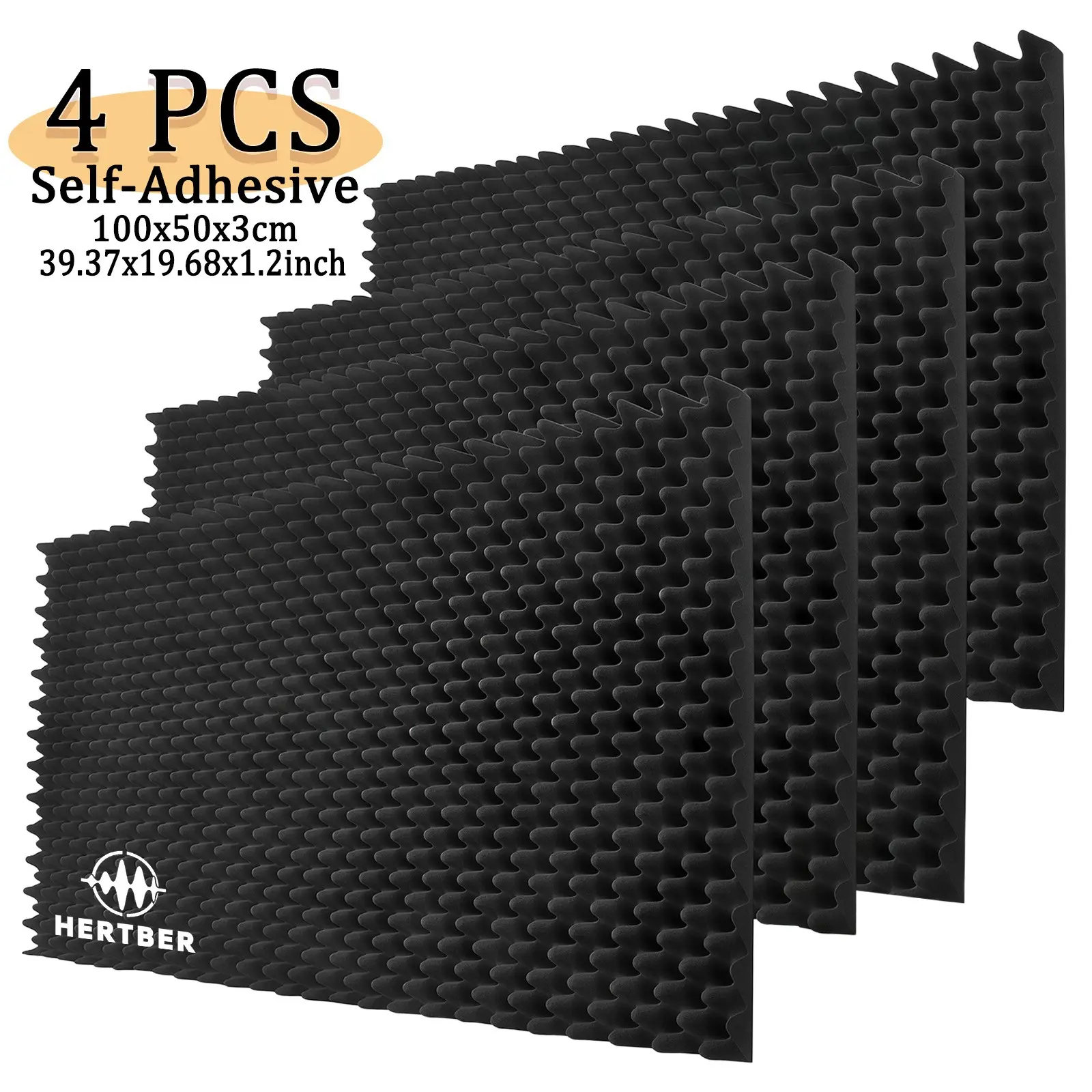 4Pcs Self‑Adhesive Acoustic Foam Panels 100×50×3cm Black High Density Sound Proof Panels, Large Area Wall & Ceiling Installation for Recording Studio, Podcast Room, Vocal & Guitar Practice Room, Reduce Reverb & Echo, Echo Reduction