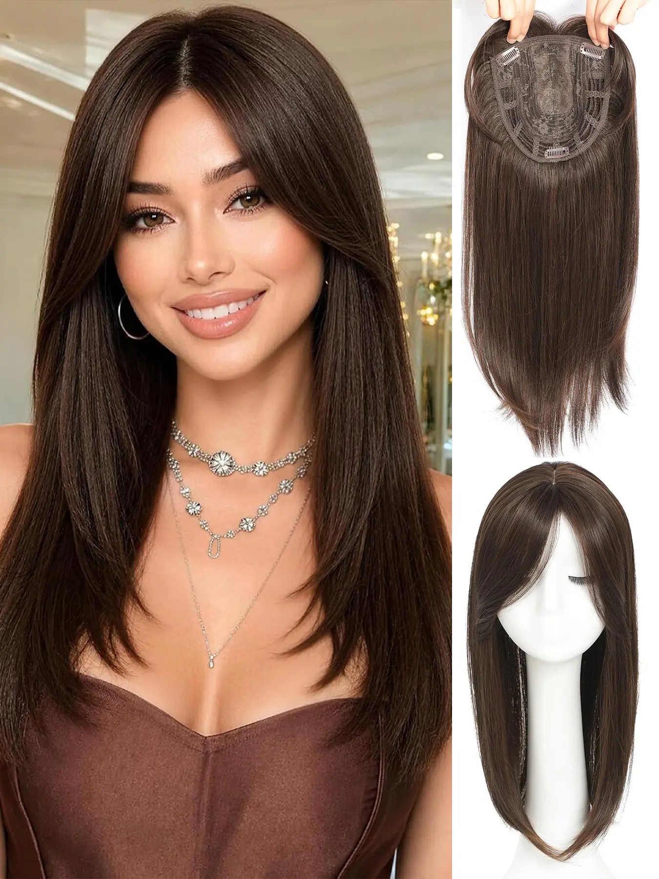 Hair Topper, 18 Inch Long Layered Toppers for Women, Add Volume Synthetic Wiglets, 6.5"x6.5" Large Base, Daily Use, All Seasons, Fluffy Synthetic Wigs, Synthetic Fiber Wigs, Artificial Wig
