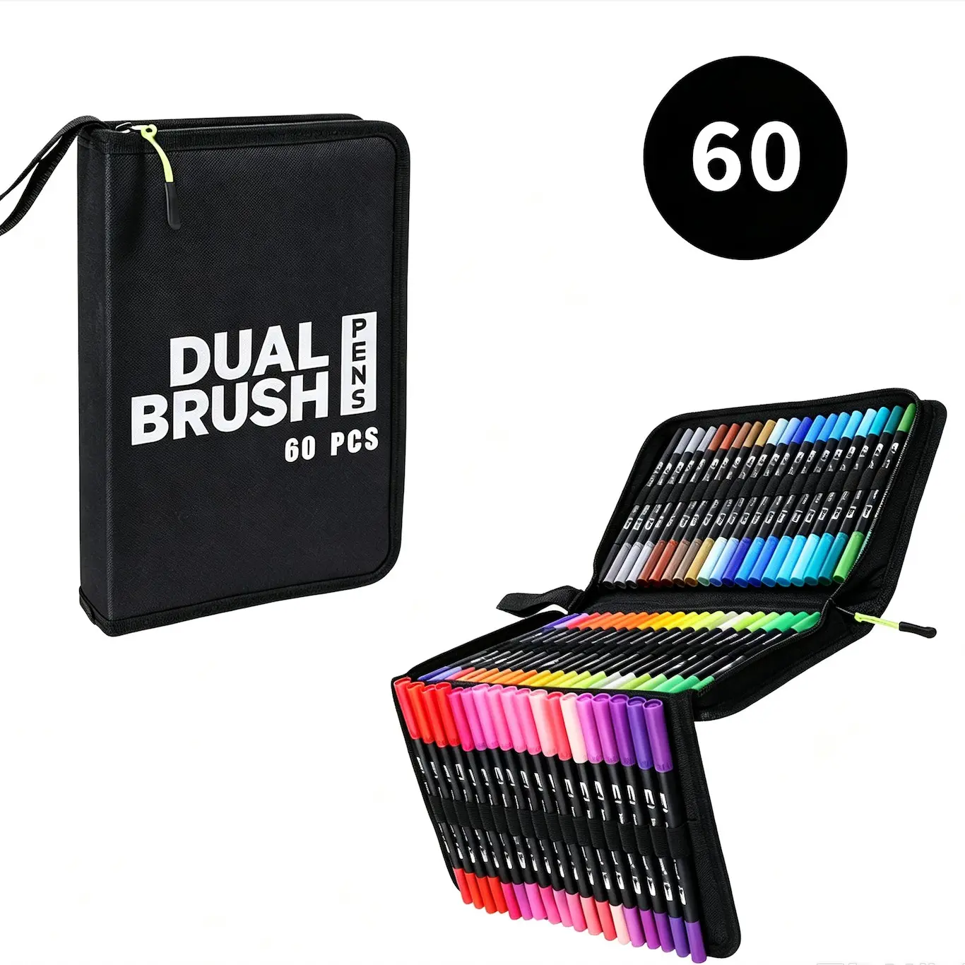 60 Colors Dual Tip Brush Marker Set, Ideal for Coloring, Drawing, Calligraphy, Bullet Journal, Planner, School Supplies, Adult Coloring Books, Art Marker Set