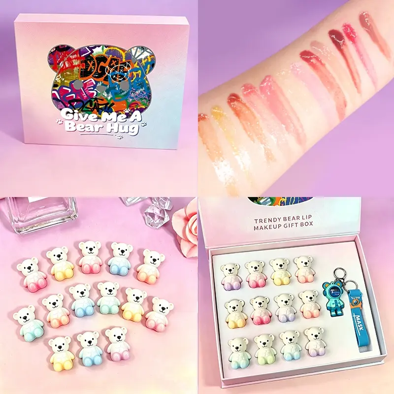 Cute Gradient Bear Mirror Lip Gloss Set for Girls, 12-Piece Gift Box, Glossy Mirror Finish with Assorted Shades, Comes with Cartoon Keychain, Birthday Gift for Best Friends