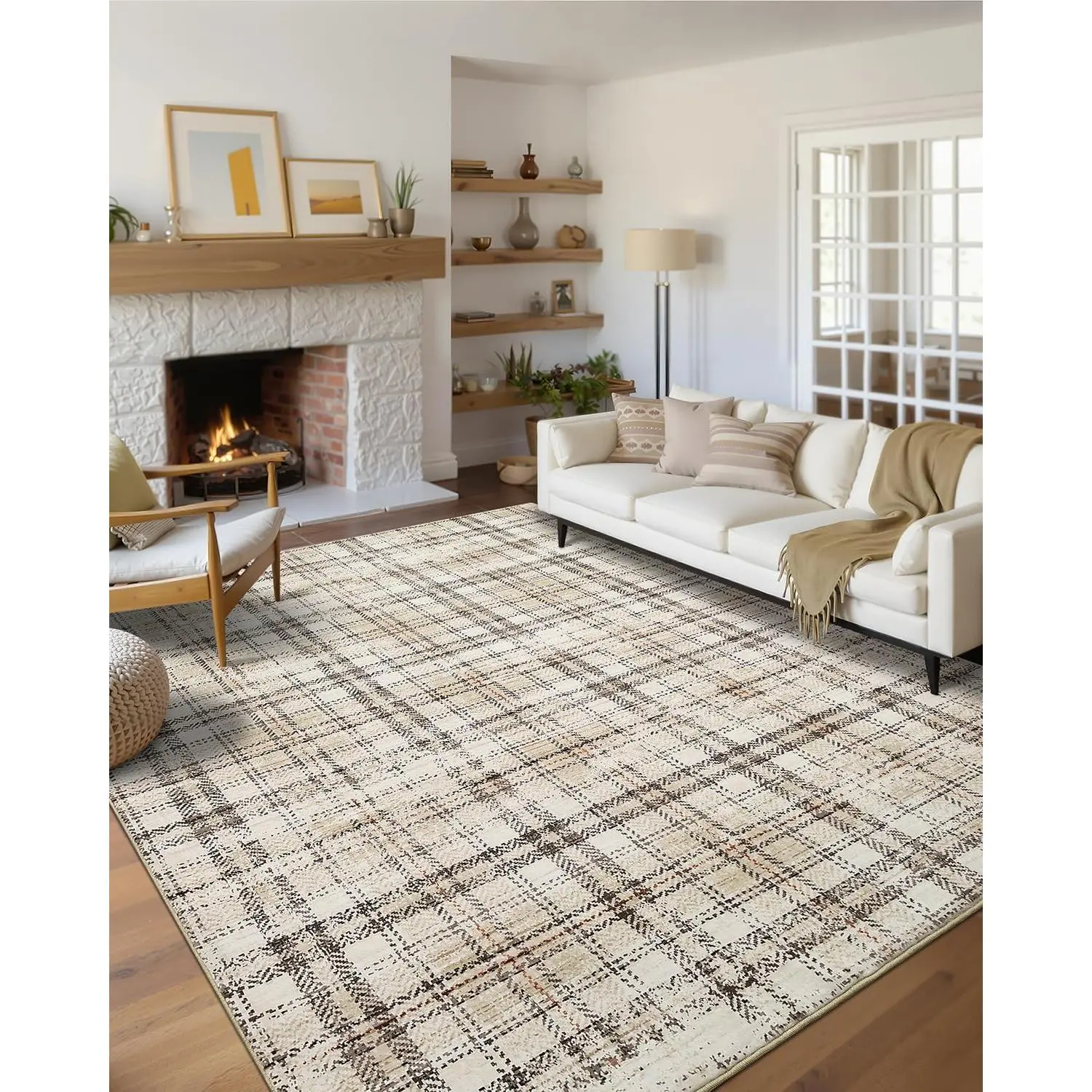Machine Washable Modern Farmhouse Decor Decorative Checkered Area Rug - Soft, Non-Slip, Stain-Resistant Tartan Plaid Rug for Living Areas, Kid Room, 2x6 ft to 9x12 ft Including 5'x7' Rectangular