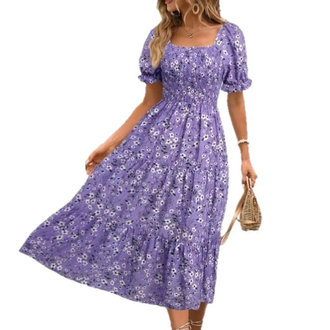 Women's Printed Square Neck Layered Casual Dress - Bubble Sleeves, Flowy Long, Sweet Wind, Italian Look, Shortleeve, Female Dress, Layered Detail for Summer, Shortsleeve, Midi Length