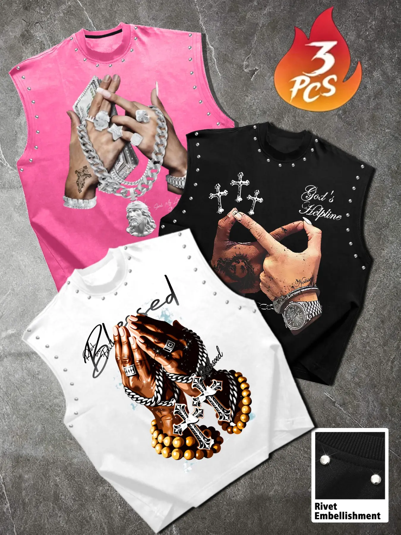 Men's Summer Casual Hip Hop Loose Baggy Tank Top Vest, Round Neck Rivet Detail, Gratitude Prayer Hand Cross Graphic Print, Lazy Fit Aesthetic Daily Layering Sleeveless Shirt