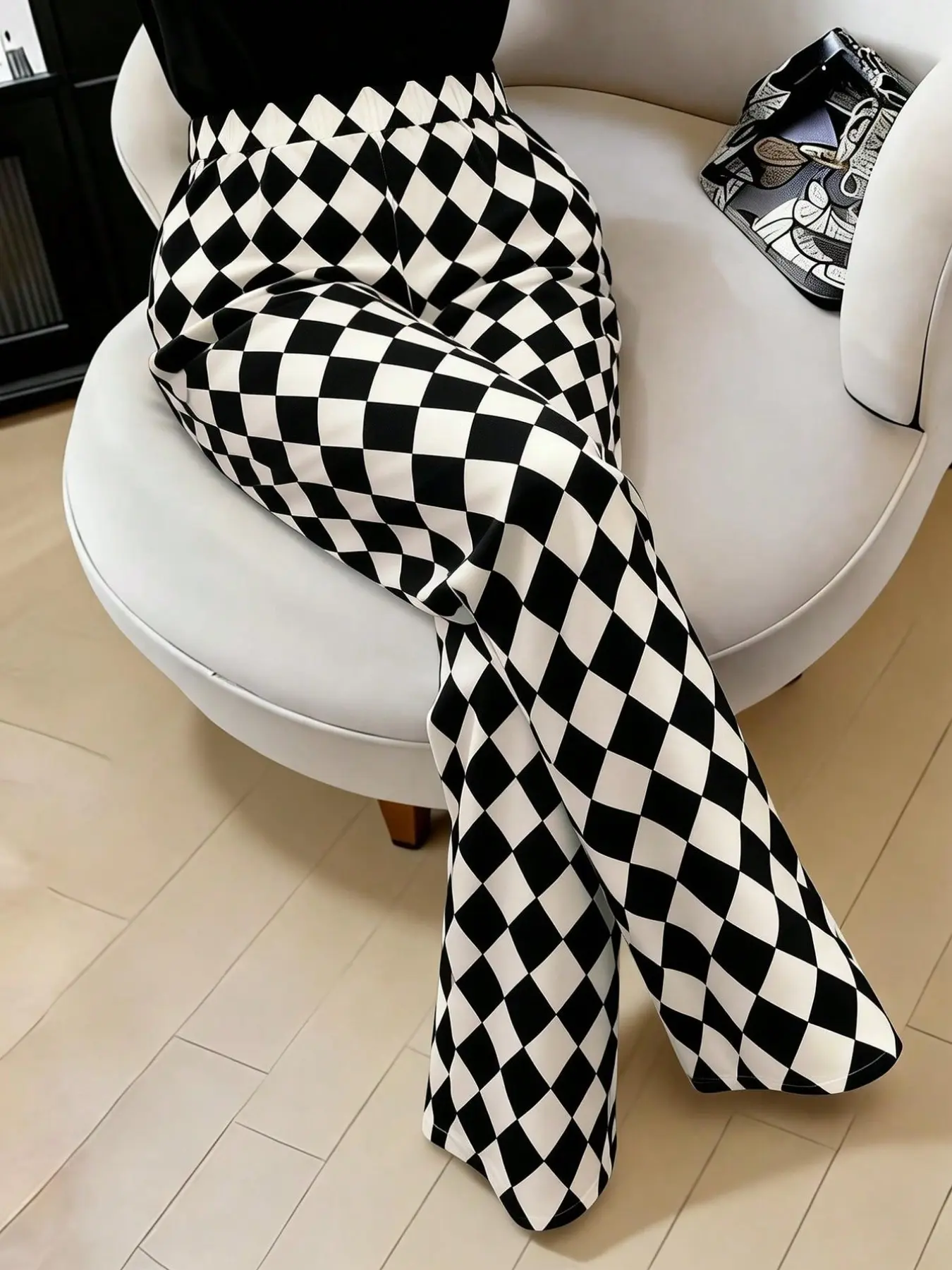 Plus Size Women’s Black and White Checkered Pants, High Waist Loose Wide Leg Trousers with Pockets, Trendy Casual Pants for Daily Wear, Travel, Vacation and Weekend Looks