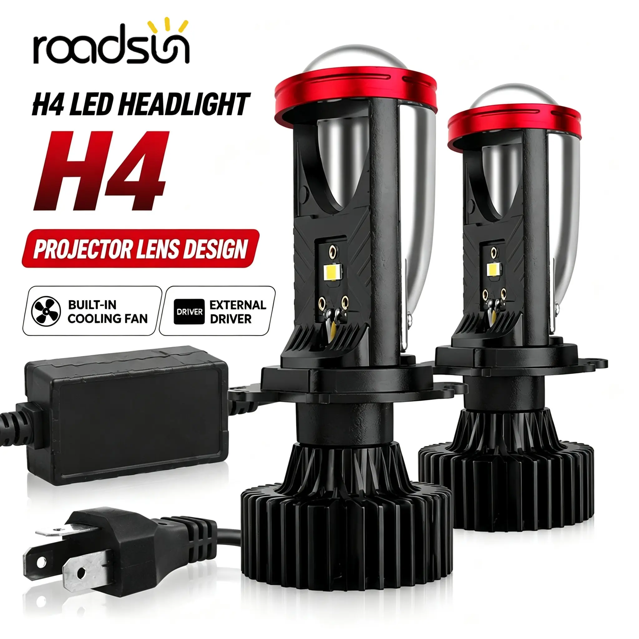 Roadsun H4 Projector Lens LED Headlight Bulbs with External Driver & Cooling Fan, 6000K White Car Headlamp