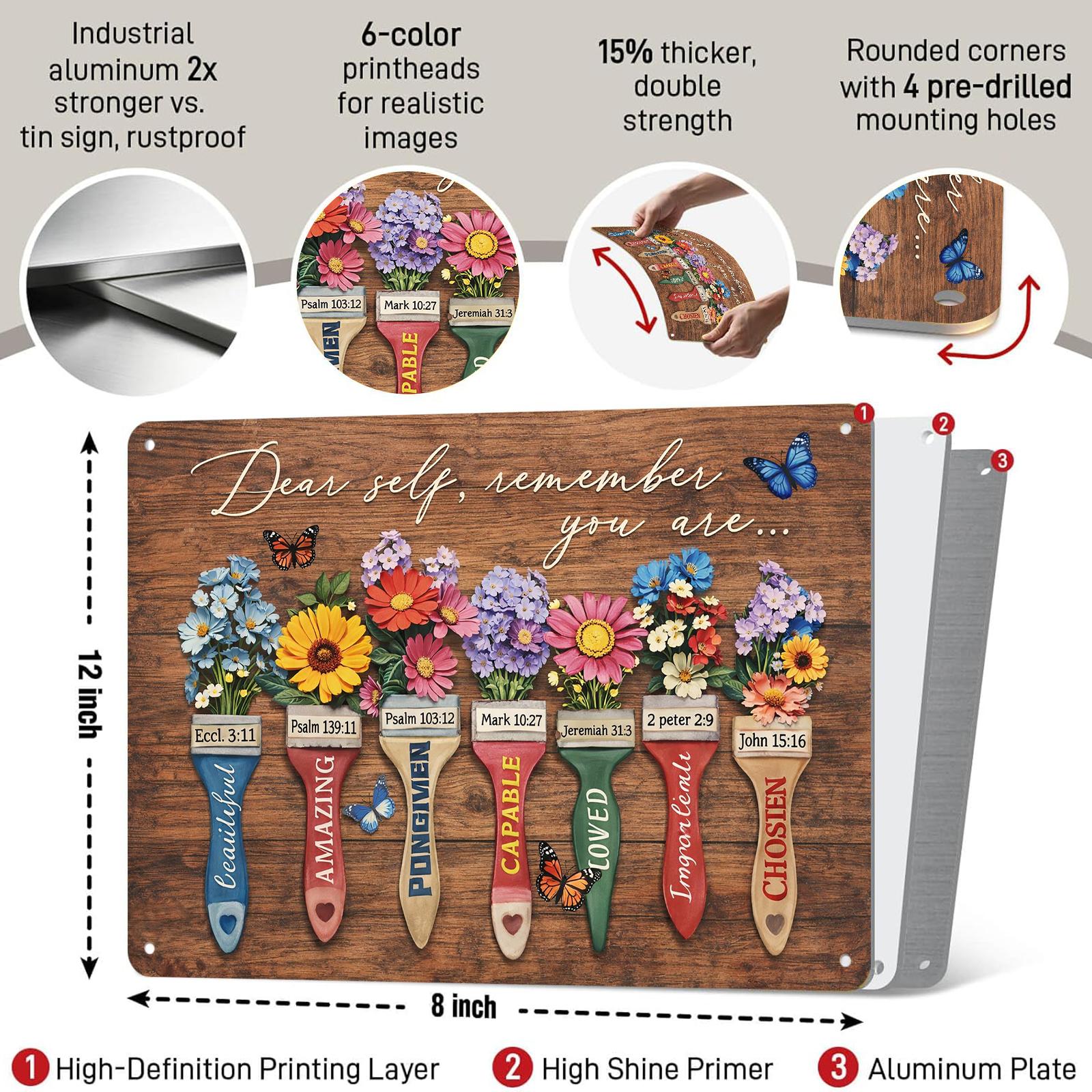 Dear Self Remember You Are Beautiful Amazing Forgiven Capable Loved 12x8 Inch Aluminum Metal Sign - Christian Inspirational Wall Decor for Home, Office, Bedroom - Motivational Religious Tin Sign Gift for Family & Friends