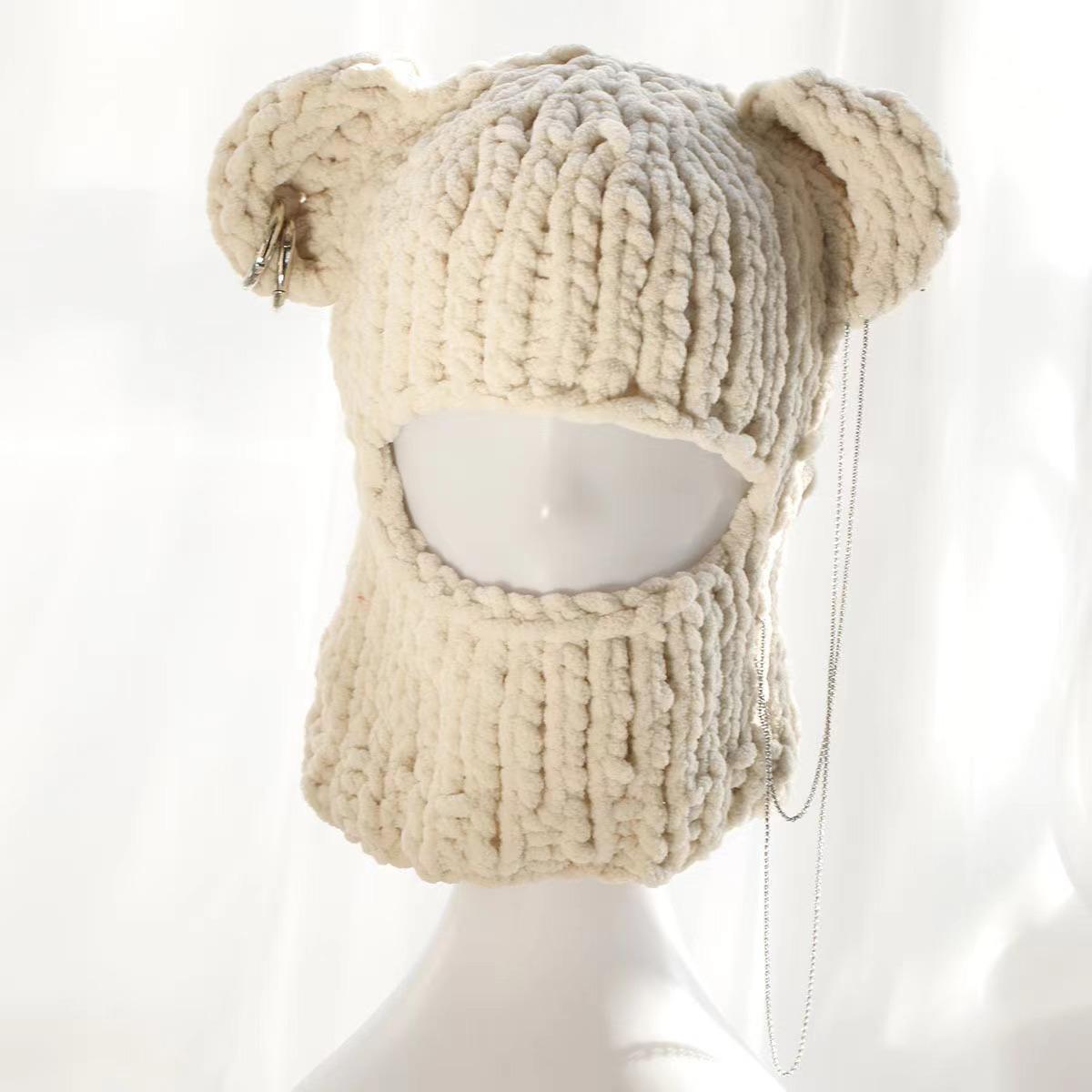 ACCE 2026 Novelty Bear Ear Balaclava Beanies Chain Outdoor Ski  Winter Hat for Women Ear Protection Knitted Hat Handcrafted Cap