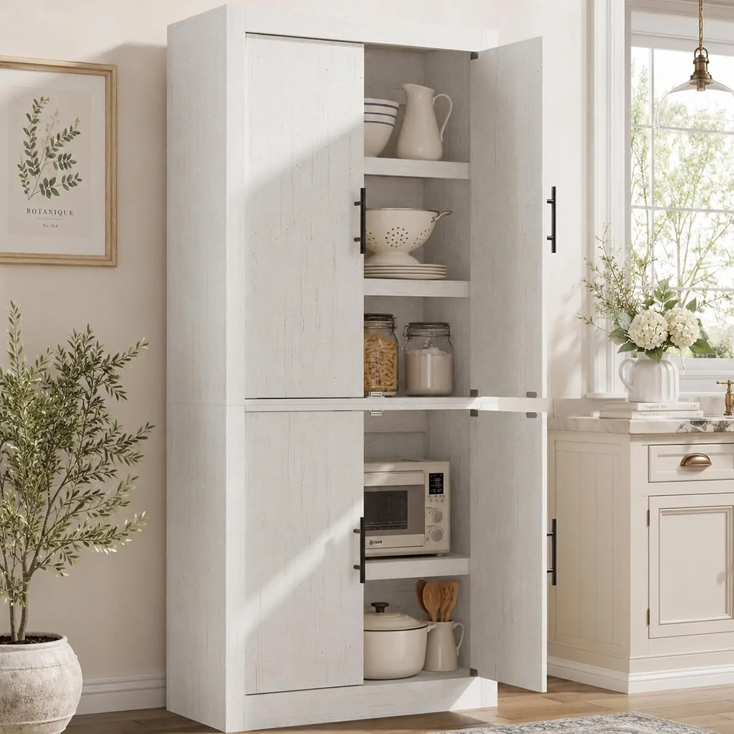 70.4" Farmhouse Kitchen Pantry Cabinet with Doors and Adjustable Shelves, Avoids Dust, Tall Freestanding Storage Cabinet for Kitchen, Microwave Stand & Dining Room Organization, Rustic White