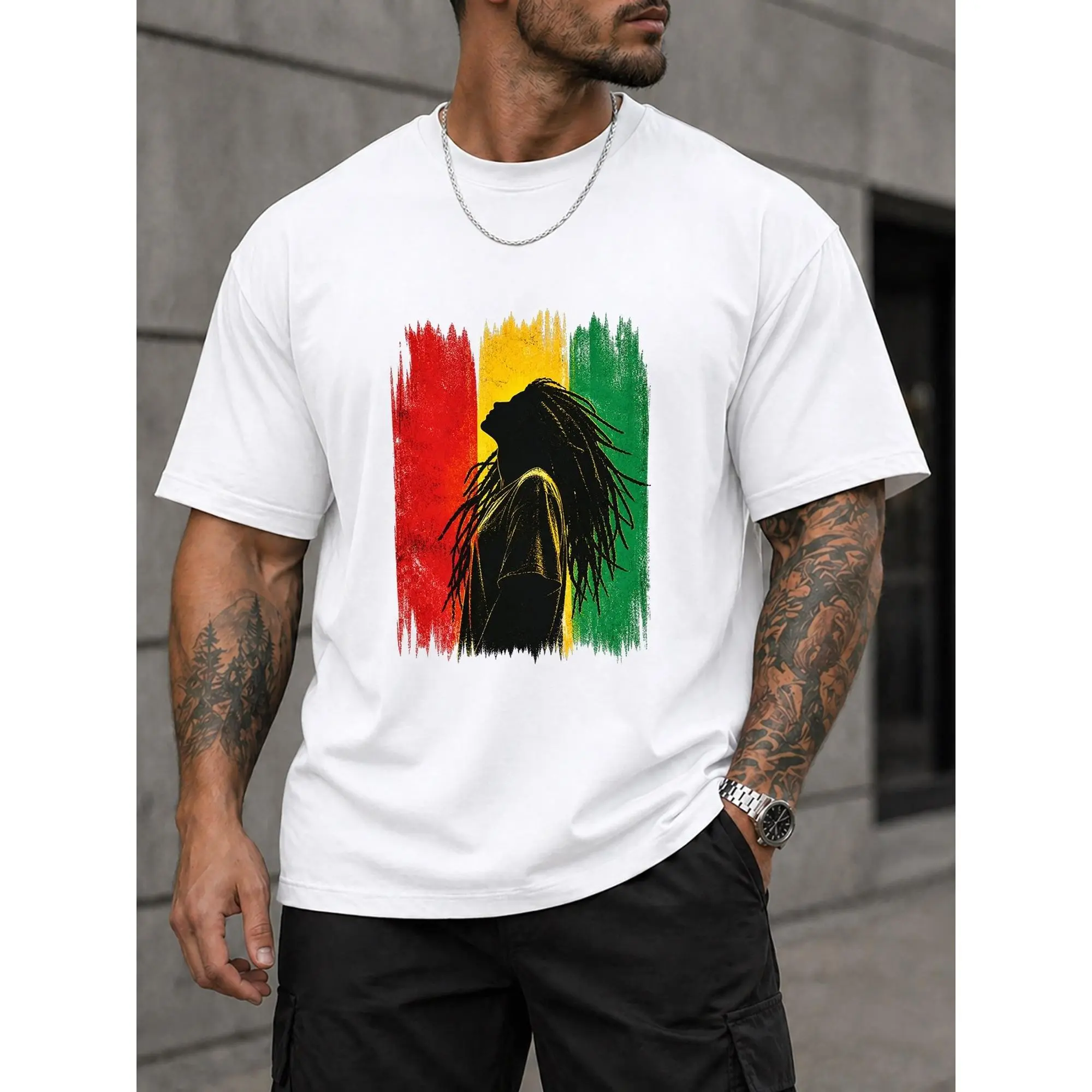 Vintage Rasta Reggae Dreadlock Man Silhouette Red Yellow Green Flag Graphic Cotton T-Shirt Men Jamaican Culture Short Sleeve Tee,funny graphic tee,summer graphic tees,tee