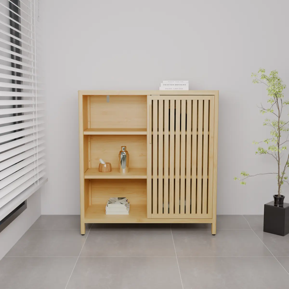 Sturdy Natural Bamboo Slim Vertical Freestanding Tower Cabinet (31.02"l x 13.00"w x 32.91"h) - Heavy Duty Space-Saving Organizer with 2 Open Shelves, 1 Door, Closet Storage for Laundry Room, Linen Closet Organization, Small Room Ideas, Assembly Required,