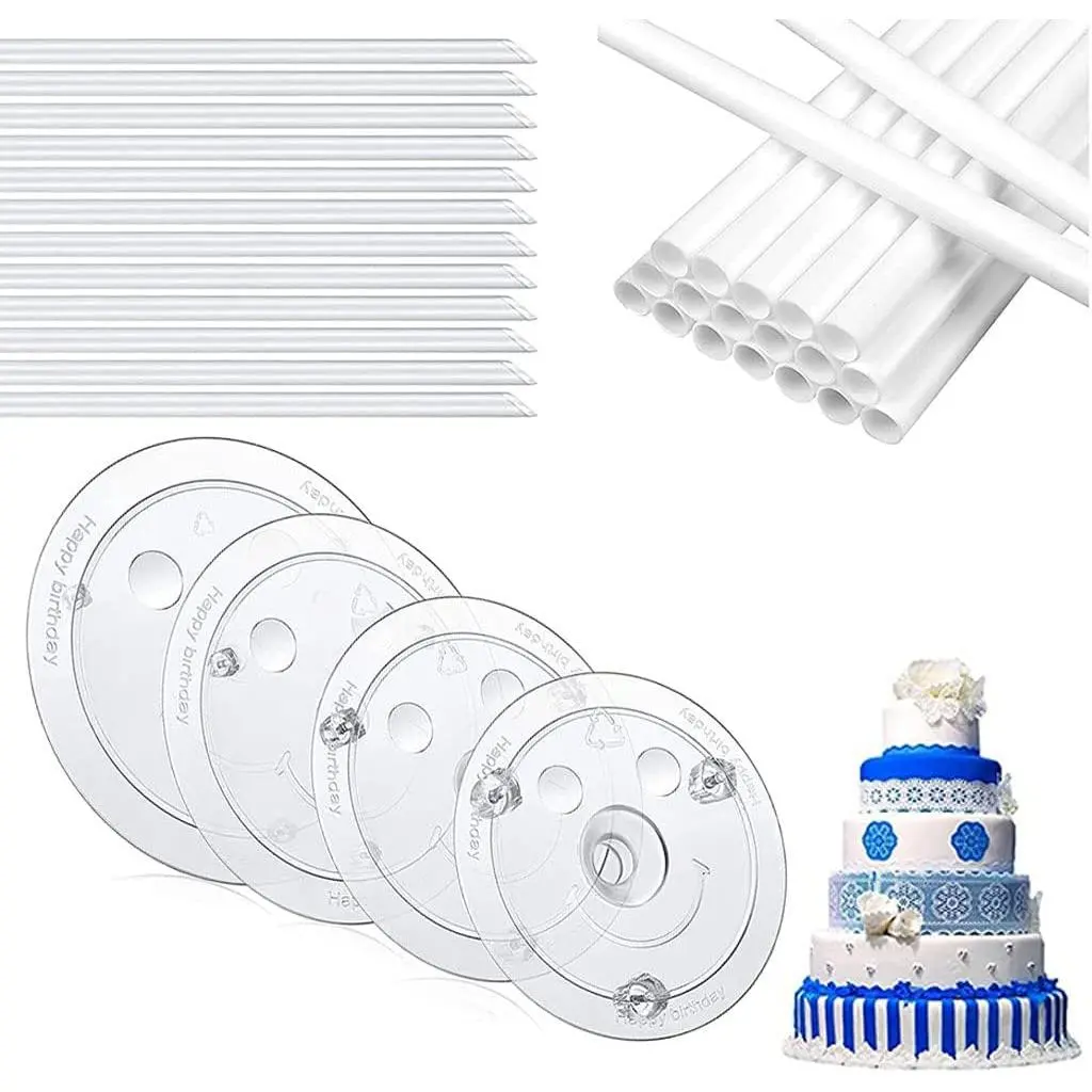 Smiley Plastic Cake Dowel Rods Set,12 Pcs White Plastic Cake Dowel Rods,12 Pcs Clear Cake Stacking and 4 count Smiley Cake Separator Plates for 4, 6, 8, 10 Inch Cakes
