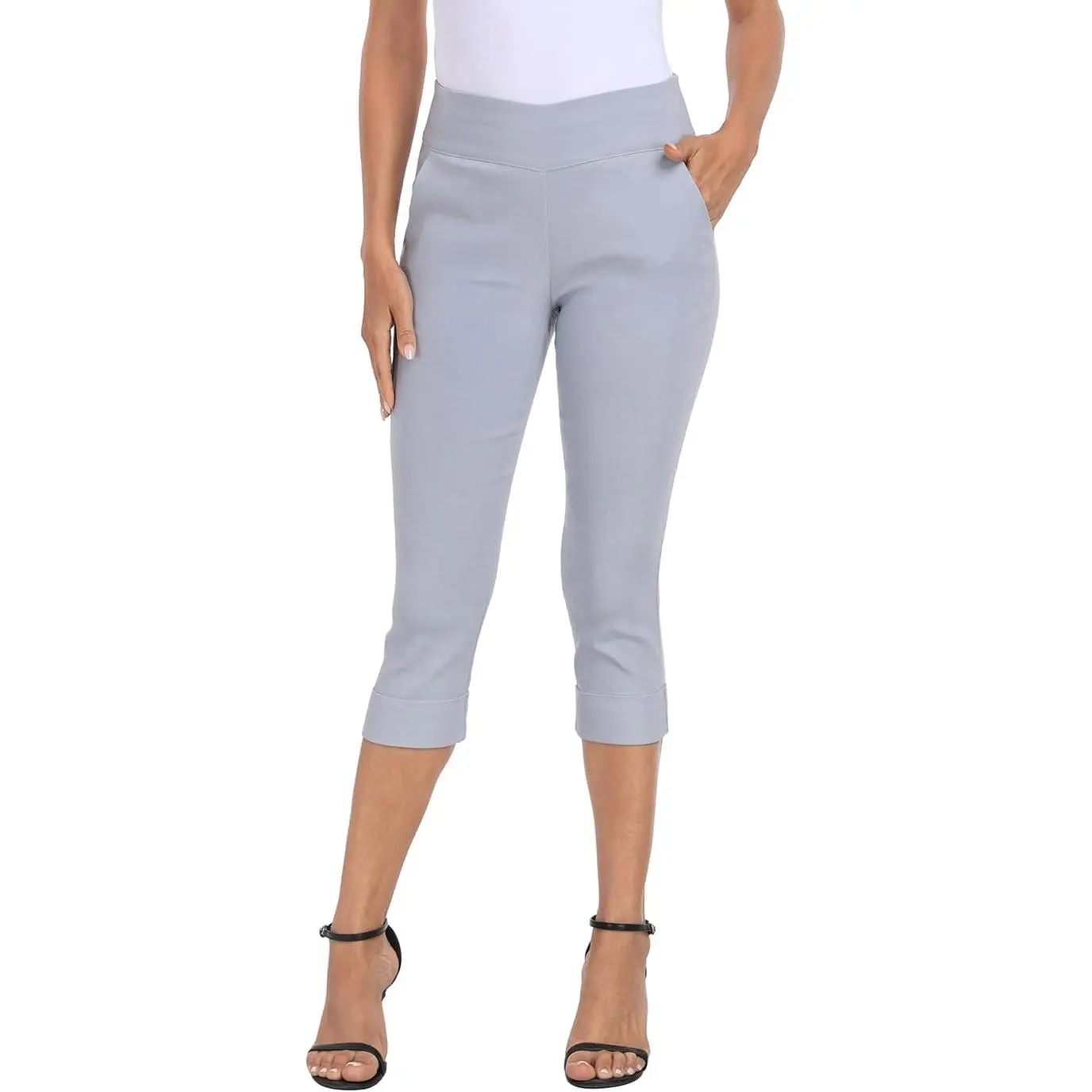 Women's Stretchy Dressy Pull-On Capris - 19" Inseam Straight Leg Slimming Pants with Front Pockets, Lightweight Minimalist Office Ready Bottoms, Sizes S-XXL for Business Casual Golf