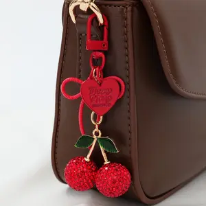 1pc Big Size Red Rhinestone Cherry Keychain, Sparkling Red Cherry Pendant with Green Leaves, Red Heart & Bow Charms, Alloy Metal, Birthday Gift for Women, Decorative Charm, Fashion Accessory, Stylish Charm, Fashion Lovers
