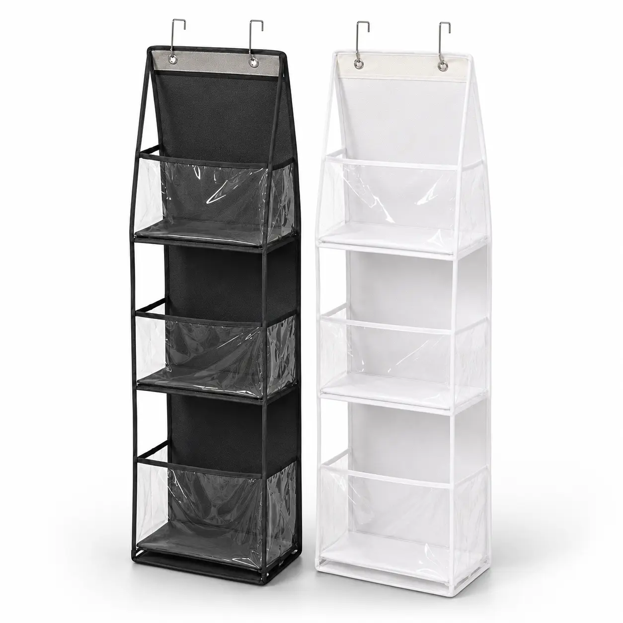 4-Tier Over The Door Hanging Organizer with Clear PVC Pockets, Closet Storage Organizer for Handbags, Shoes, Scarves & Accessories, Space Saving Door Organizer (Black/White)