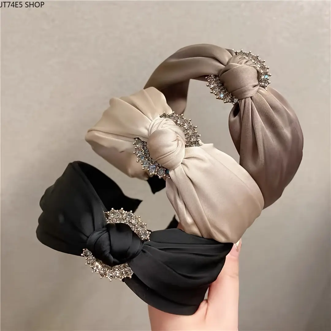 3pcs  Korean Wide Satin Padded Headband with Rhinestone Decor, Elegant Solid Fabric Hair Hoop for Women, All Season Daily Party Retro Noble Hair Accessories