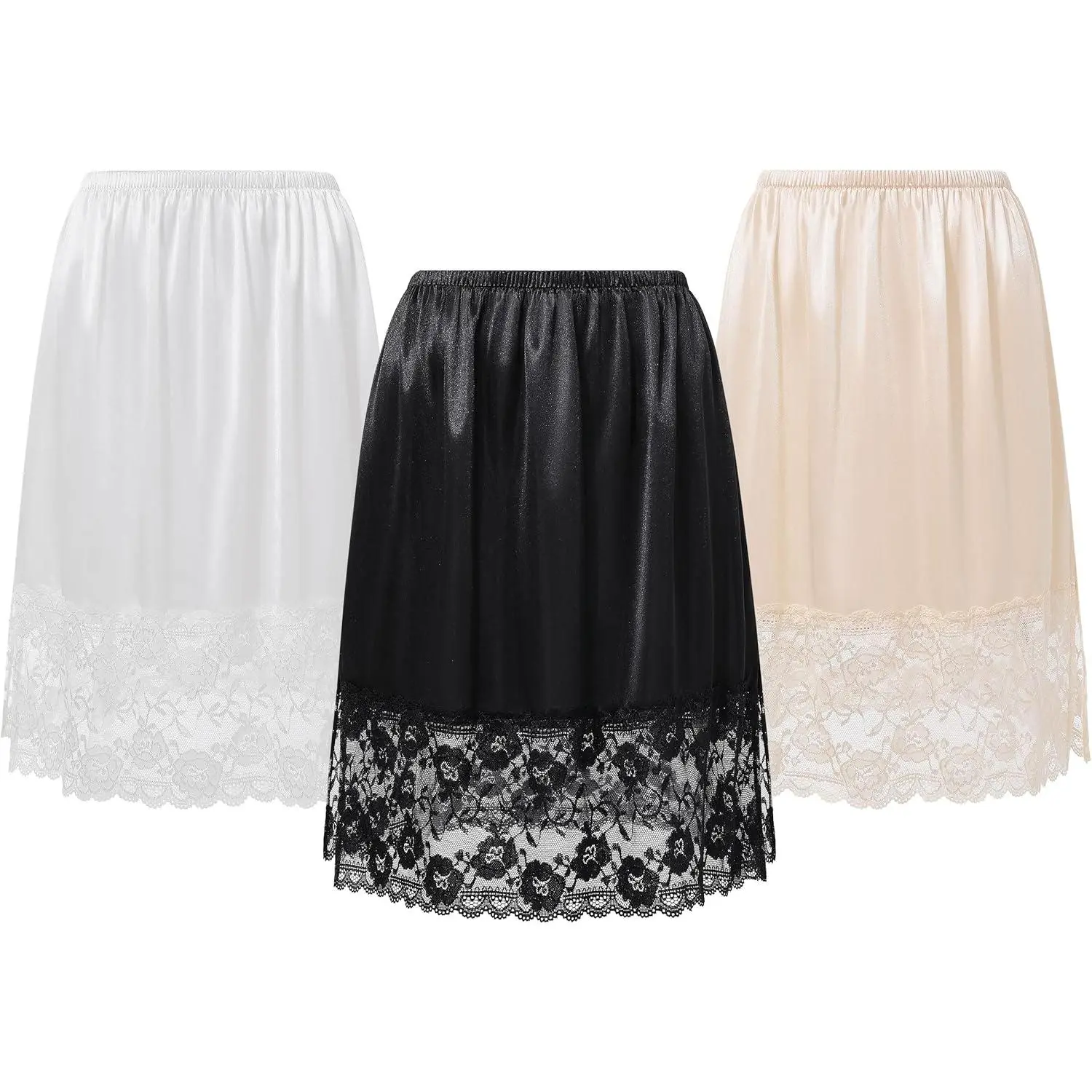 Women's 3-Pack Silky A-Line Half Slips, 26-Inch Polyester Underskirt with Elegant Lace Bottom, Comfortable Smooth Dress Extender
