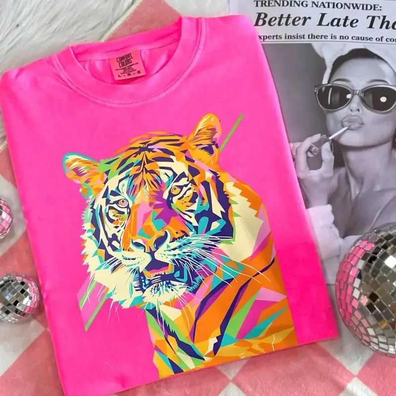 Women's Oversized Soft Casual Short-Sleeve Print T-Shirt - Comfort Colors Wild Tiger Graphic, Neon Pop Art Jungle Cat, Bold Abstract Vintage, Multicolor Streetwear Aesthetic Top, Shortsleeve, Cotton, Thanksgiving, Crew Neck, Oversized Tee, Athletic, Fabri