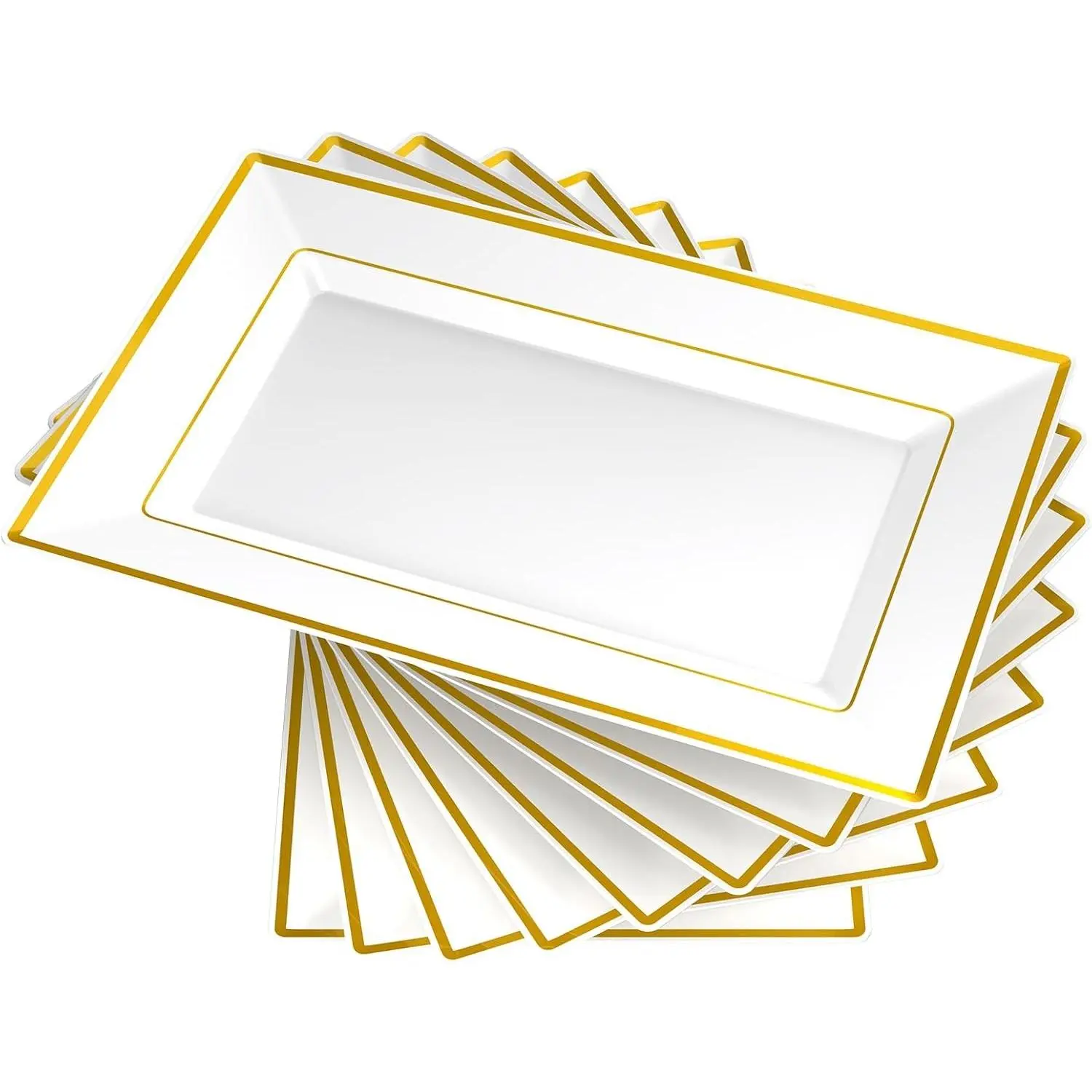FOCUSLINE 8-Piece Glossy White Plastic Serving Trays with Gold Rim, Disposable Food Platters for Wedding Parties, Kitchen & Tableware Essentials