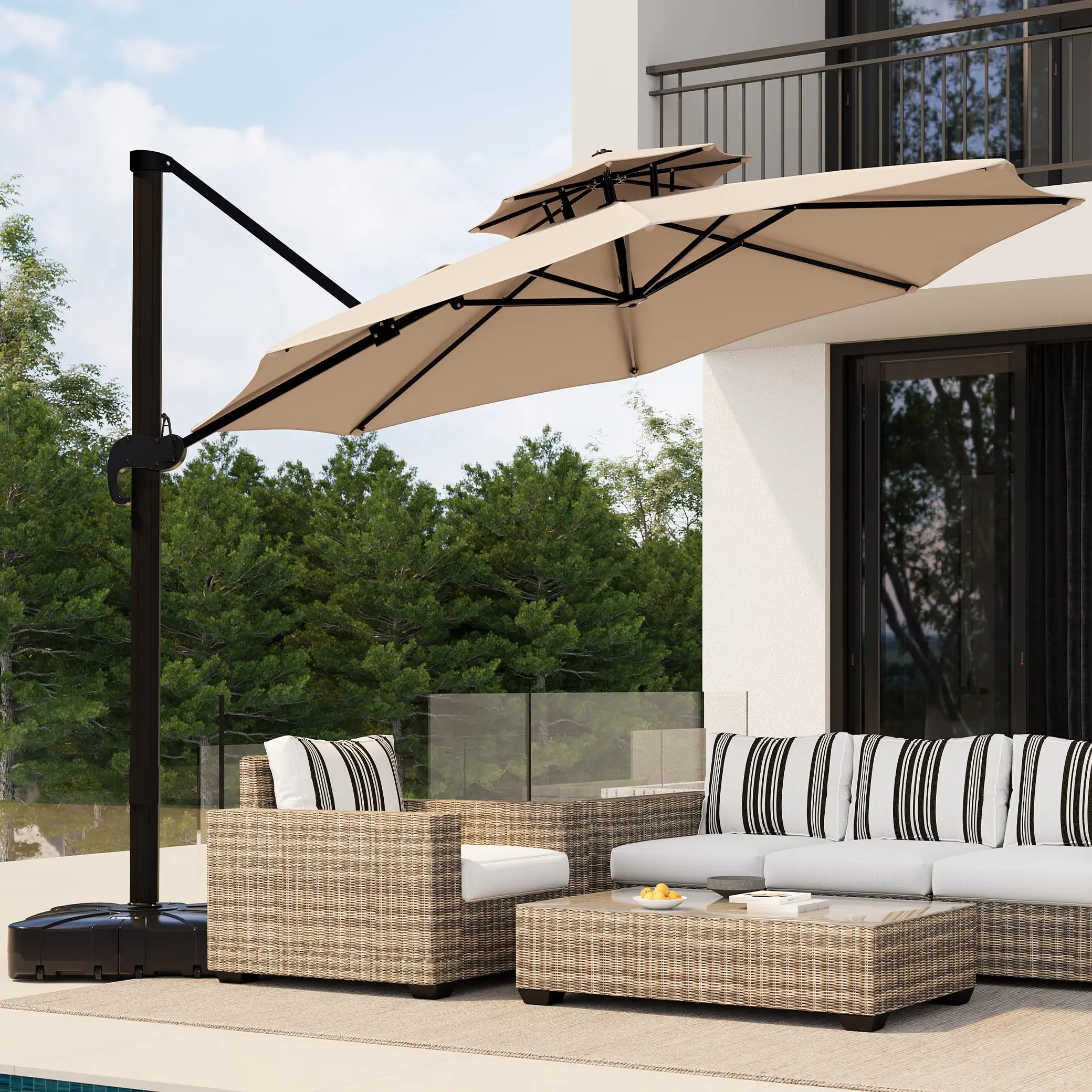 10 x 10 FT Round Cantilever Patio Umbrella with Base, 360° Rotating Outdoor Umbrella with Adjustable Height, Heavy Duty Aluminum Offset Umbrella for Garden, Deck & Poolside