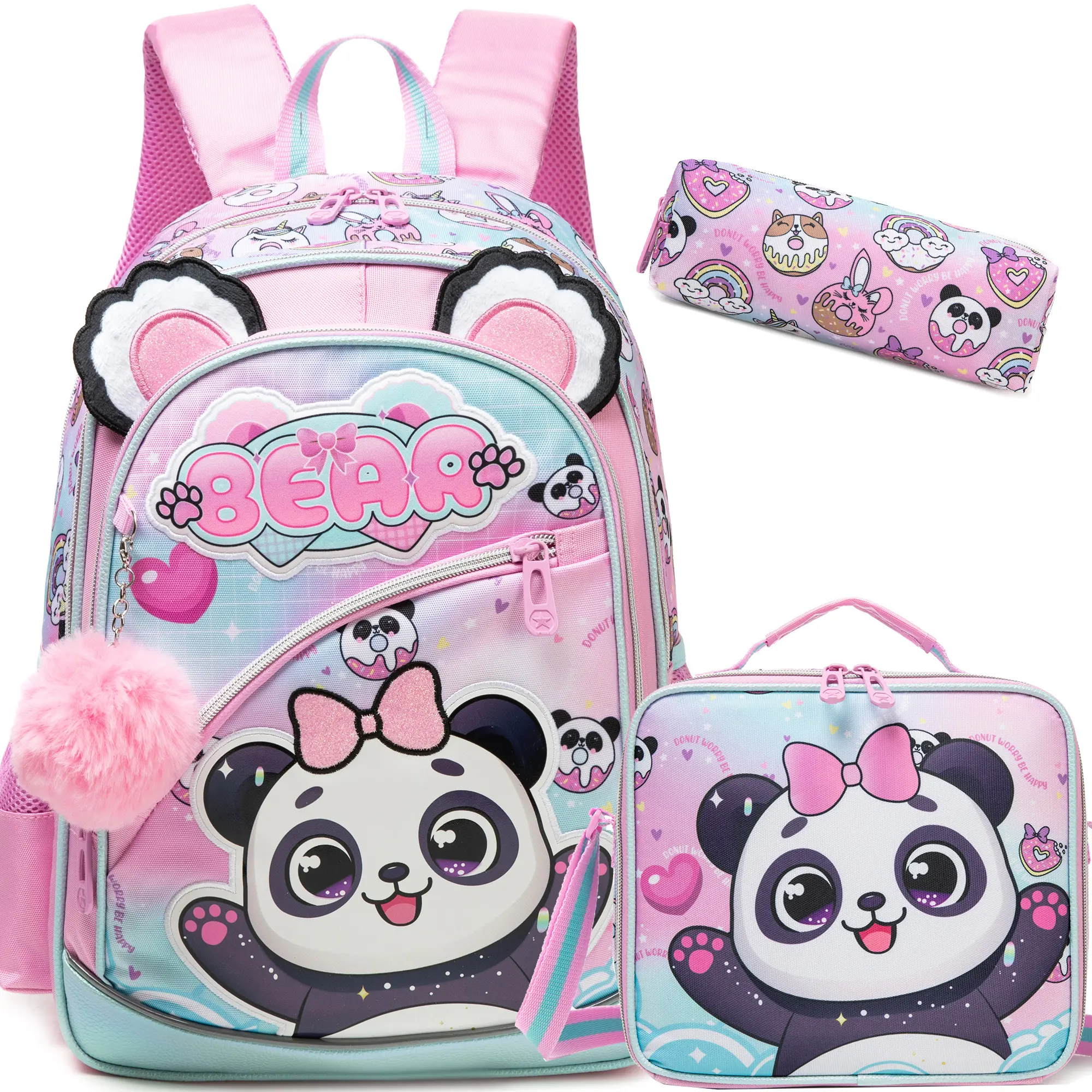 Cute Panda Bear Backpack 3pcs Set for Girls | 3D Plush Ears Pastel Rainbow Donut School Bag with Lunch Box & Pencil Case | Kawaii Kindergarten Kids Bookbag 2026